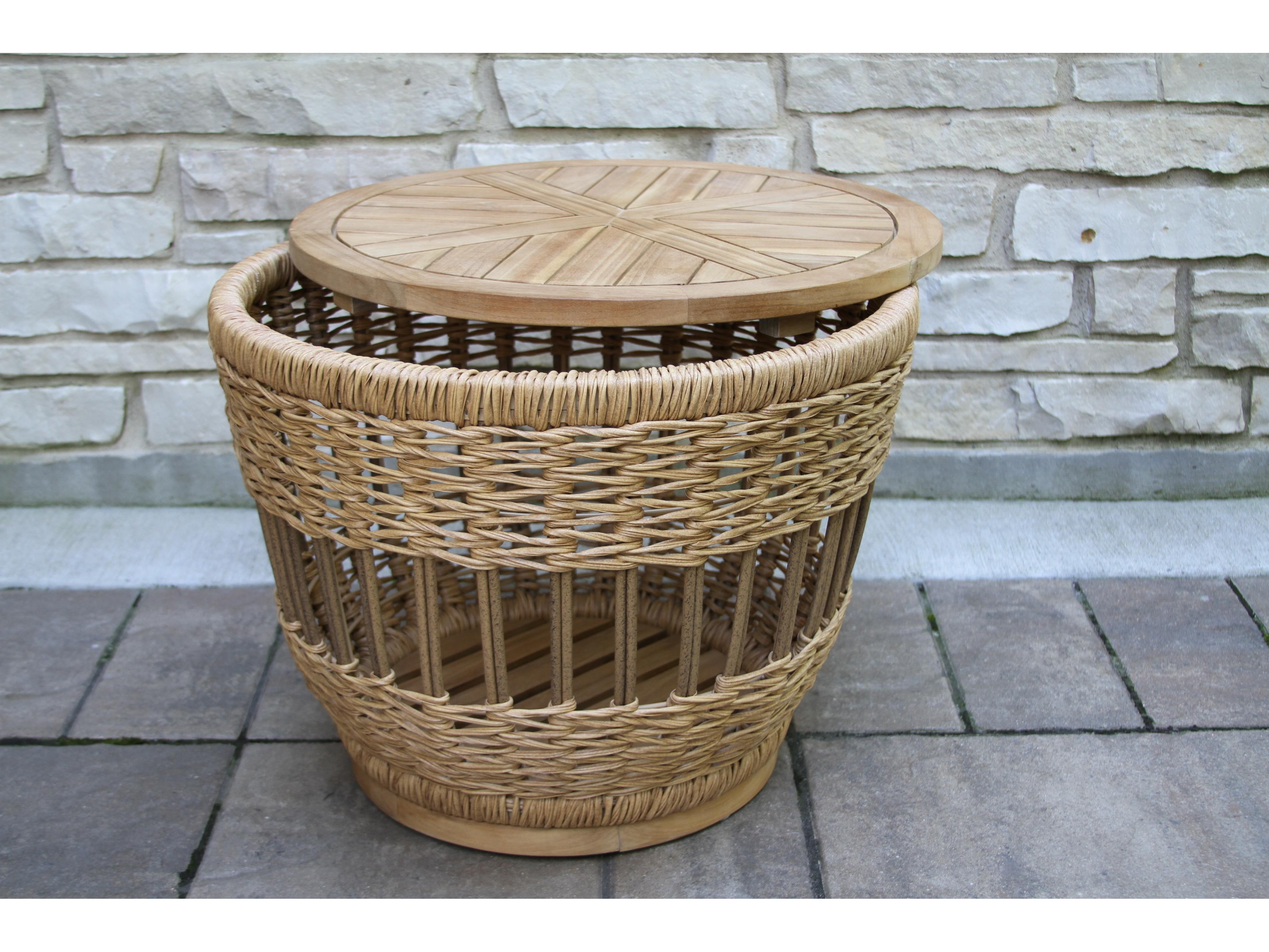 Outdoor Interiors Bohemian Teak & Wicker Storage Accent Table, 24" Dia.