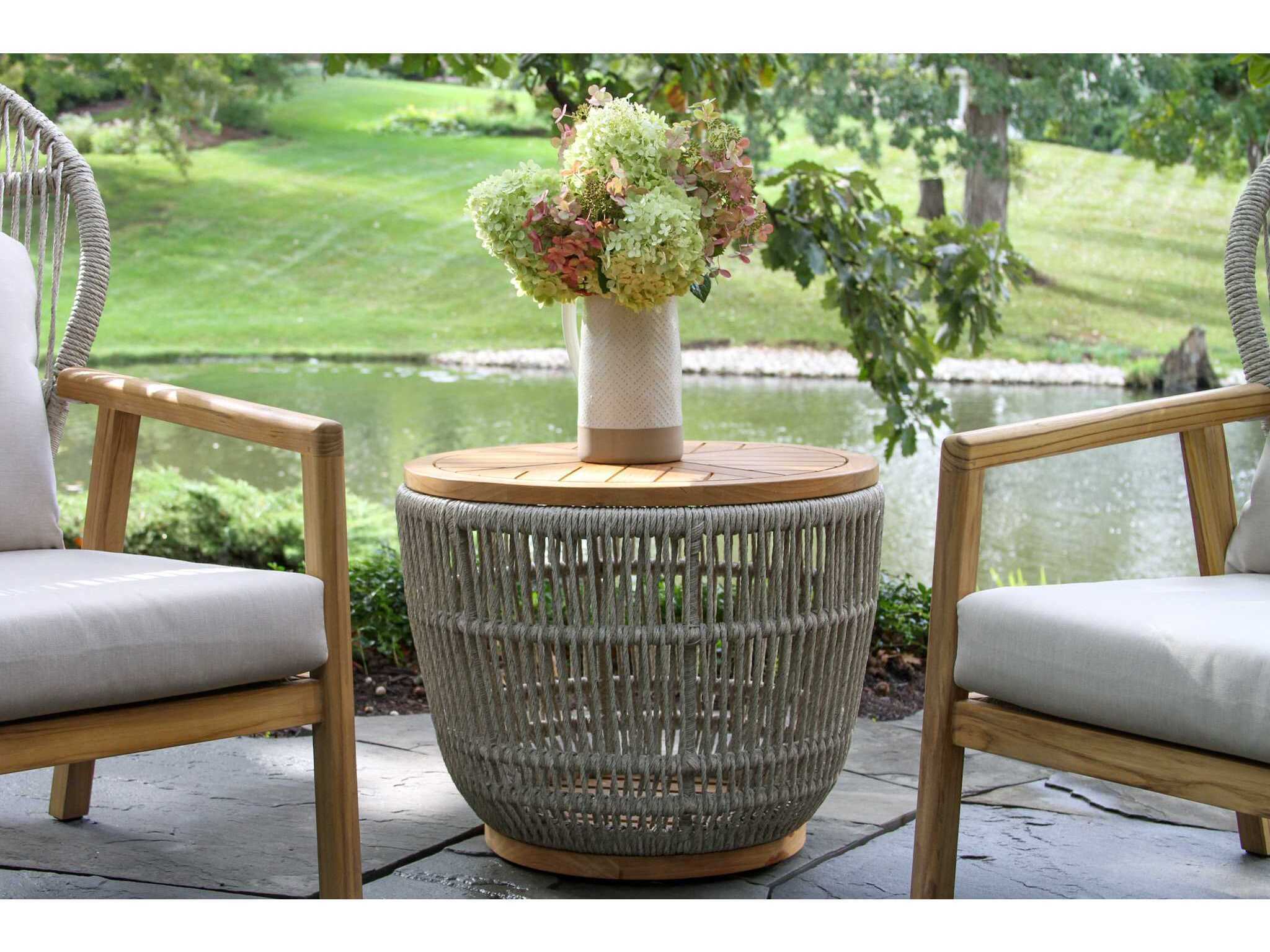 Outdoor Interiors Teak & Cable Wicker Storage Accent Table, 24" Dia.