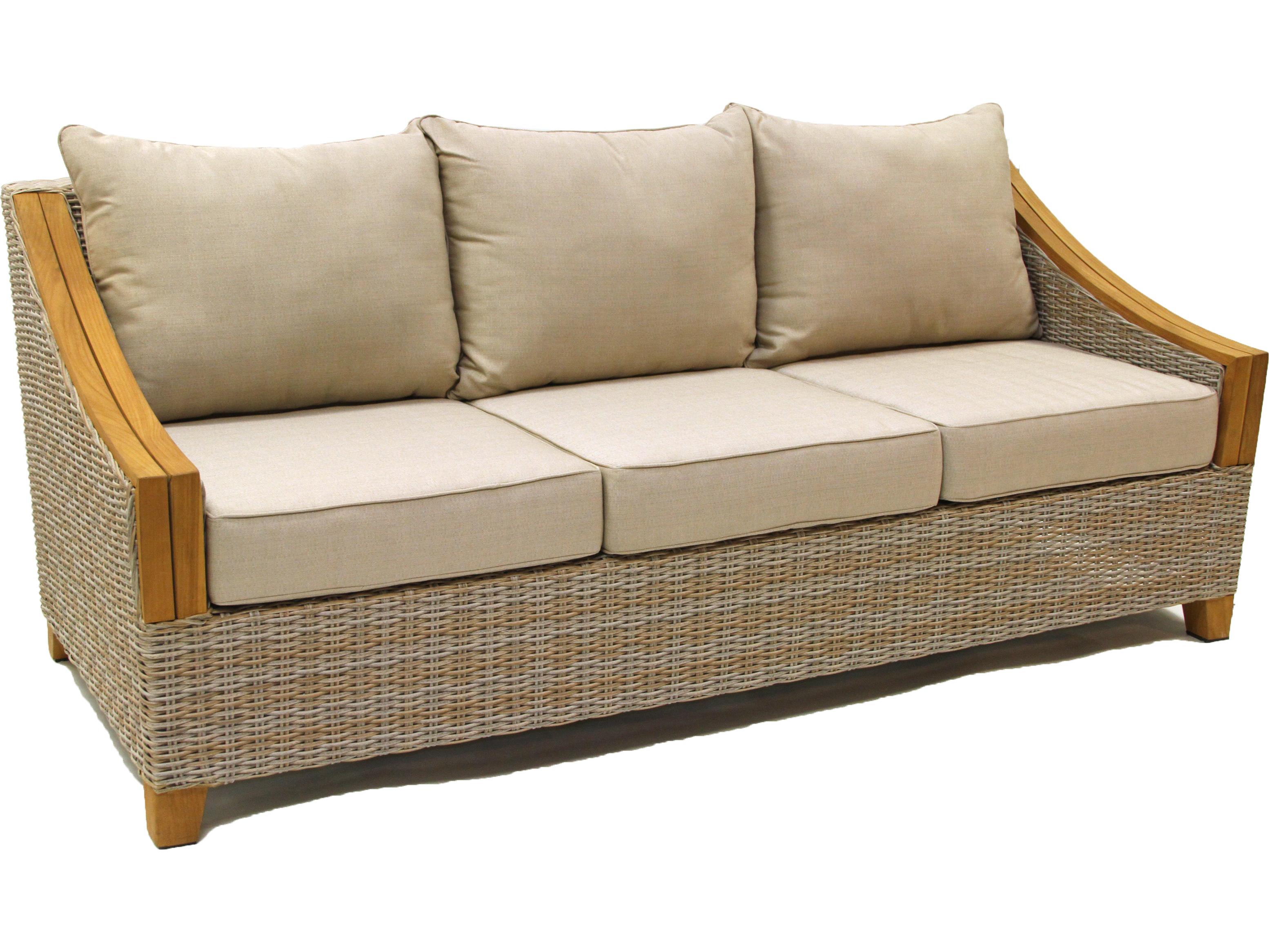 Outdoor Interiors Teak & Wicker Sofa w Sunbrella Cushions