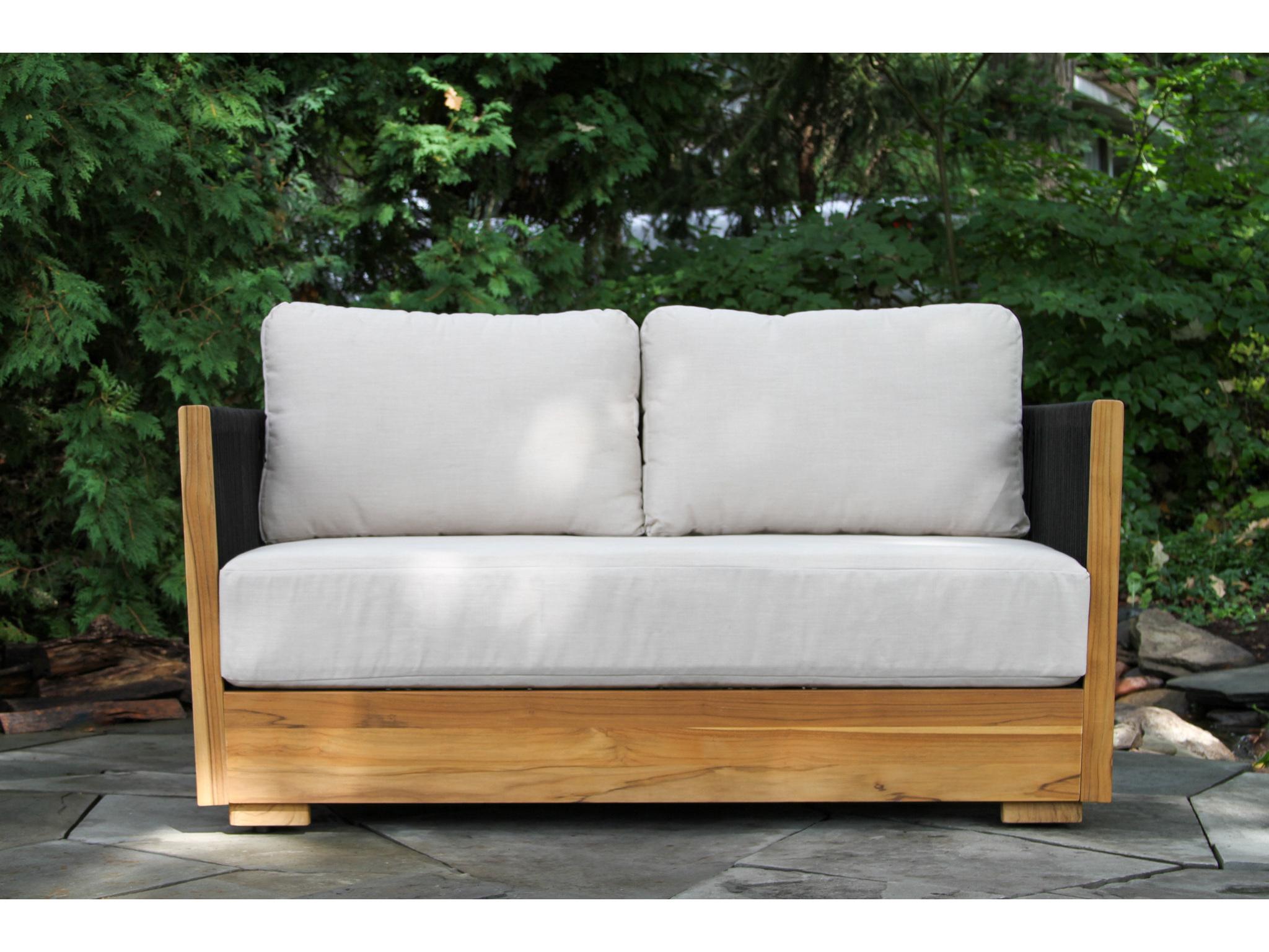 Outdoor Interiors Teak & Black Rope Loveseat w Sunbrella