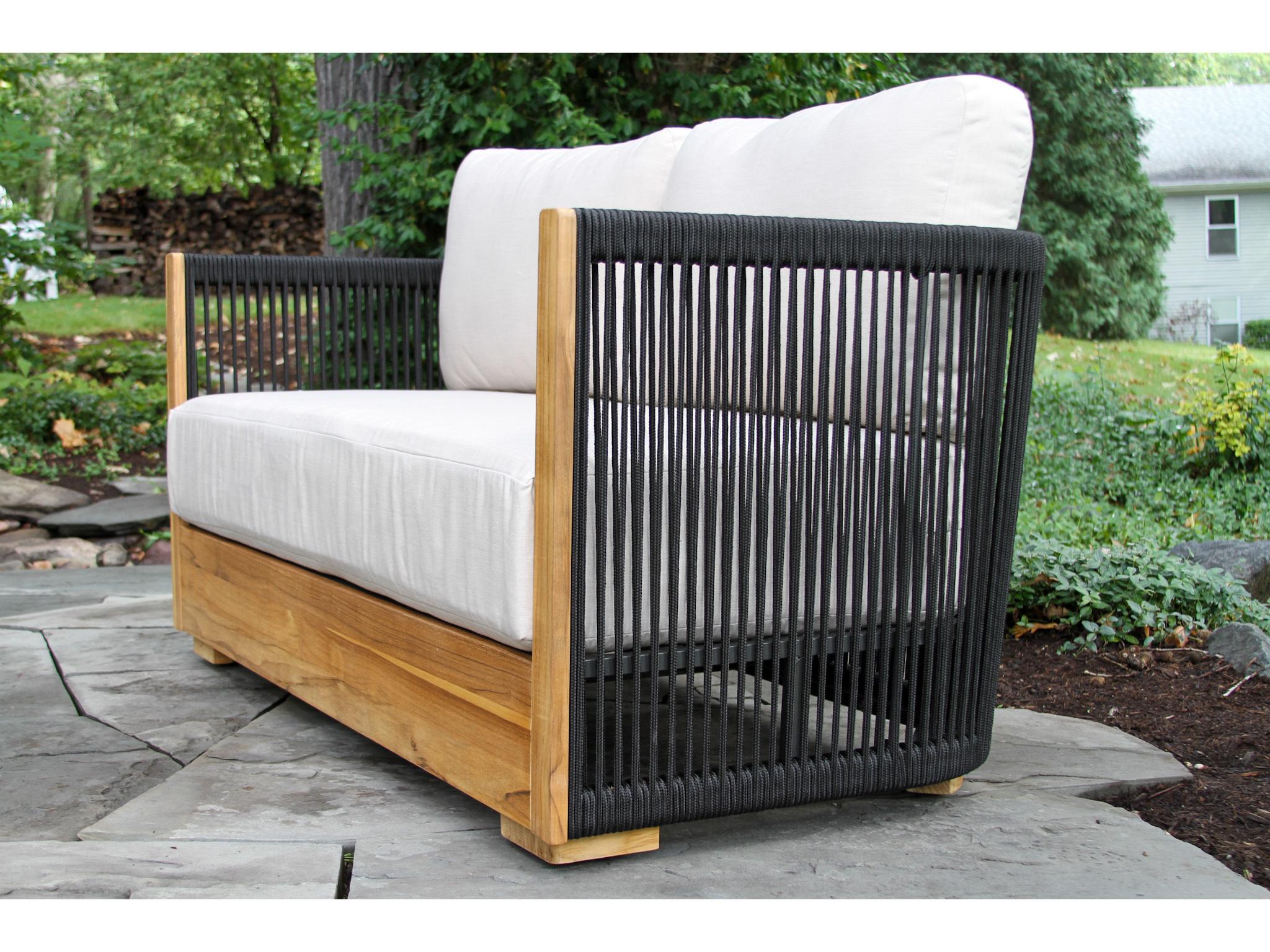 Outdoor Interiors Teak & Black Rope Loveseat w Sunbrella