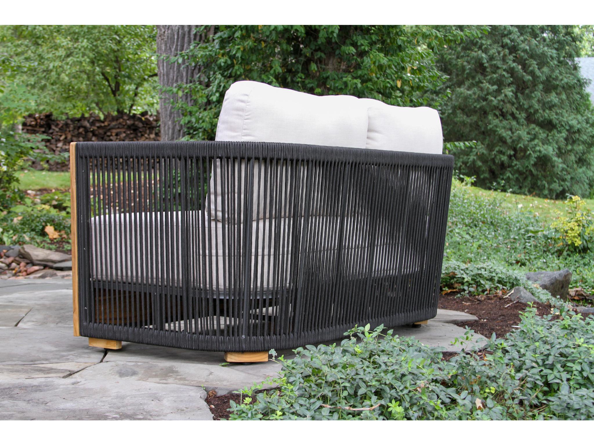 Outdoor Interiors Teak & Black Rope Loveseat w Sunbrella
