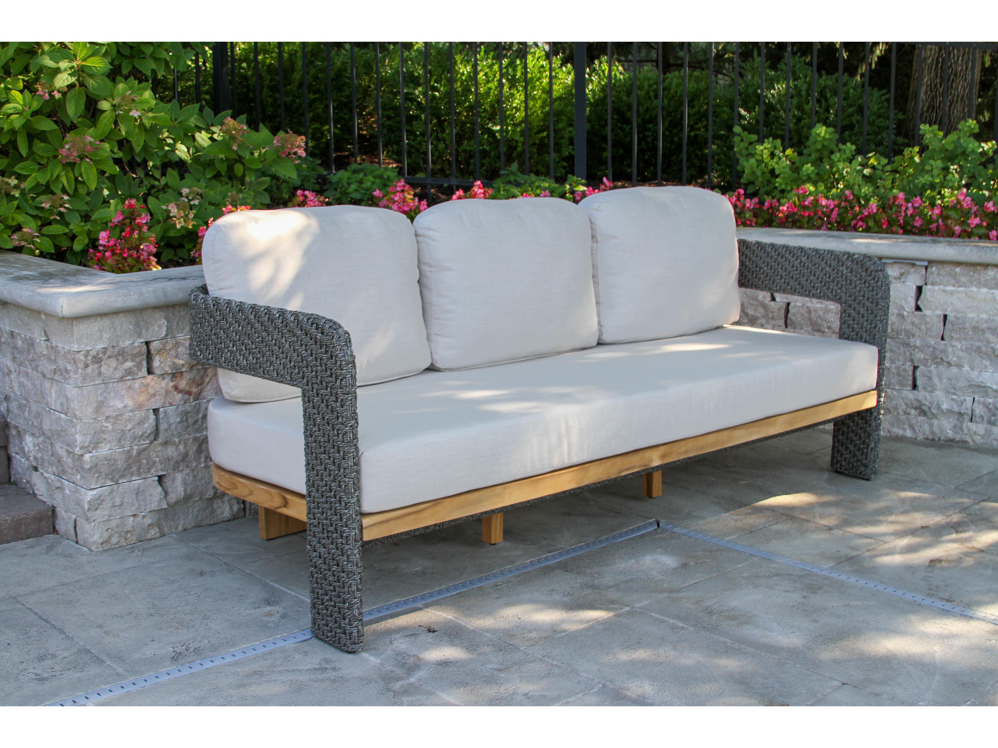Outdoor Interiors Estate Teak & Wicker Sofa w Sunbrella