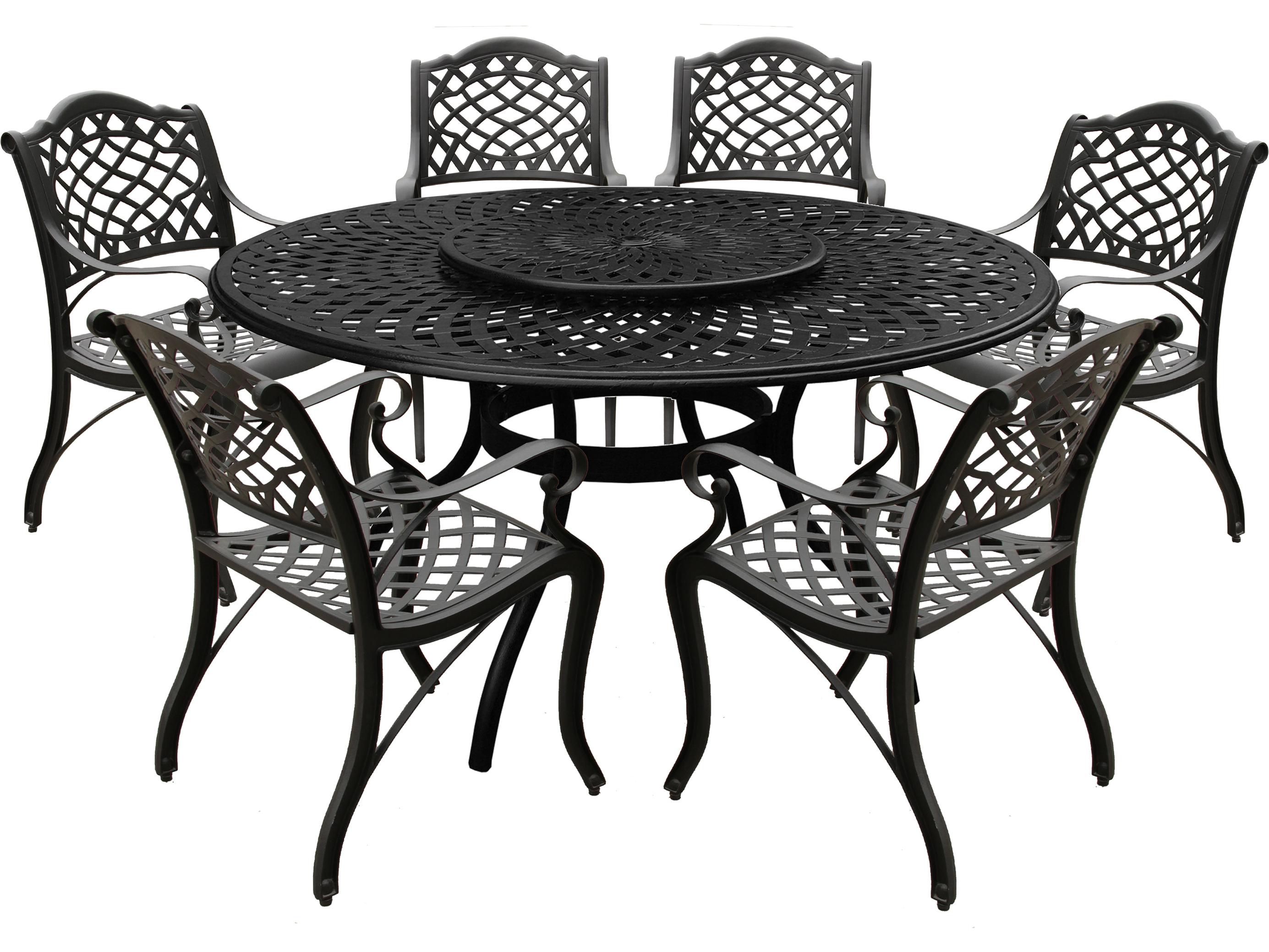 Oakland Living Modern Aluminum 59'' Large Black Round Patio Dining Set with Lazy Susan and Six Chairs