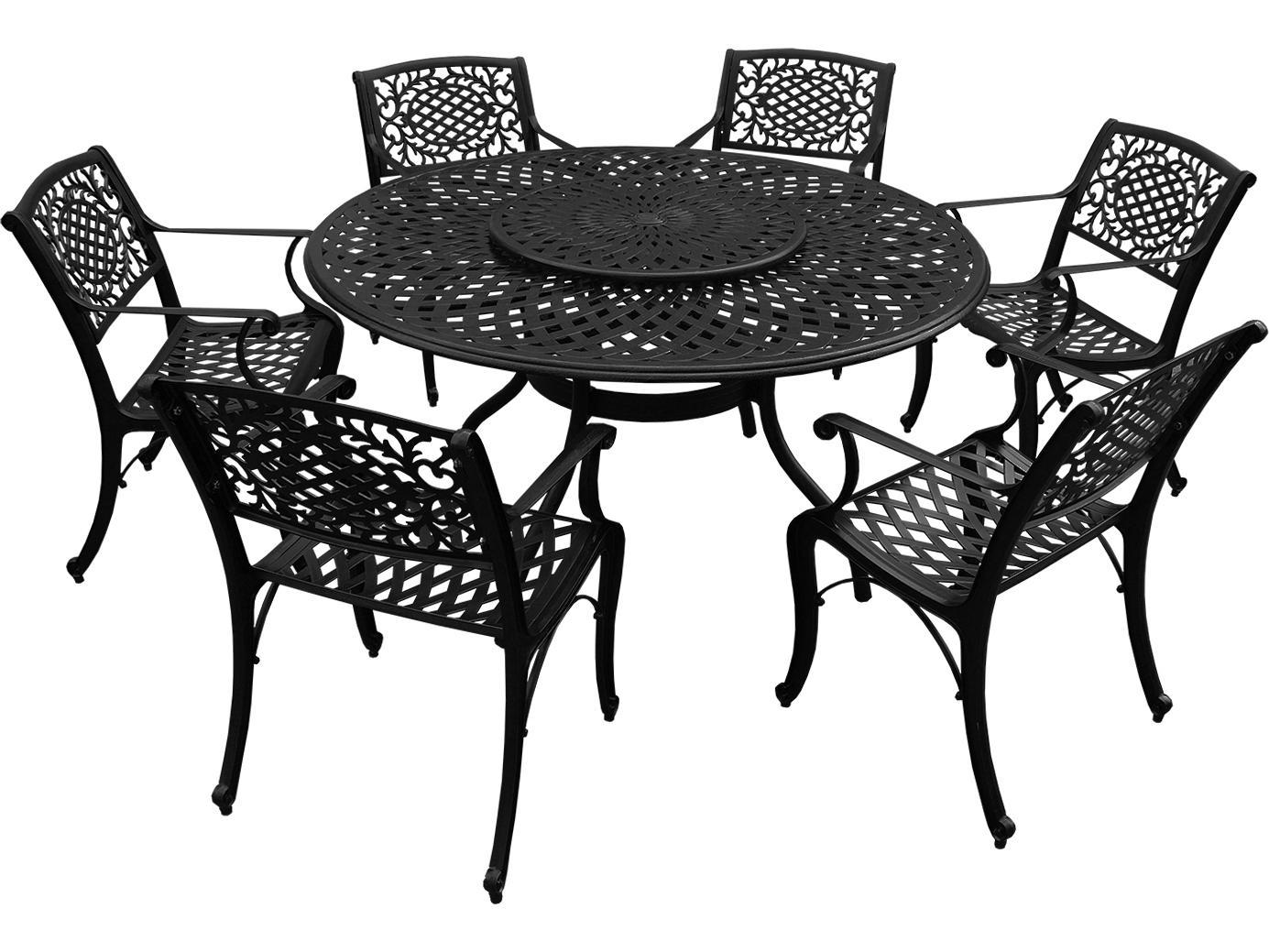 Oakland Living Modern Aluminum 59'' Large Black Round Outdoor Dining Set with Lazy Susan and Six Chairs