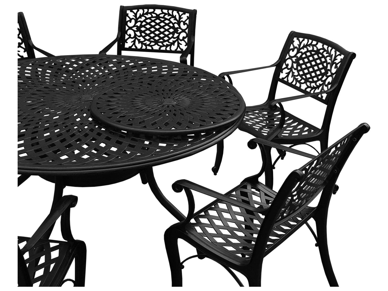 Oakland Living Modern Aluminum 59'' Large Black Round Outdoor Dining Set with Lazy Susan and Six Chairs