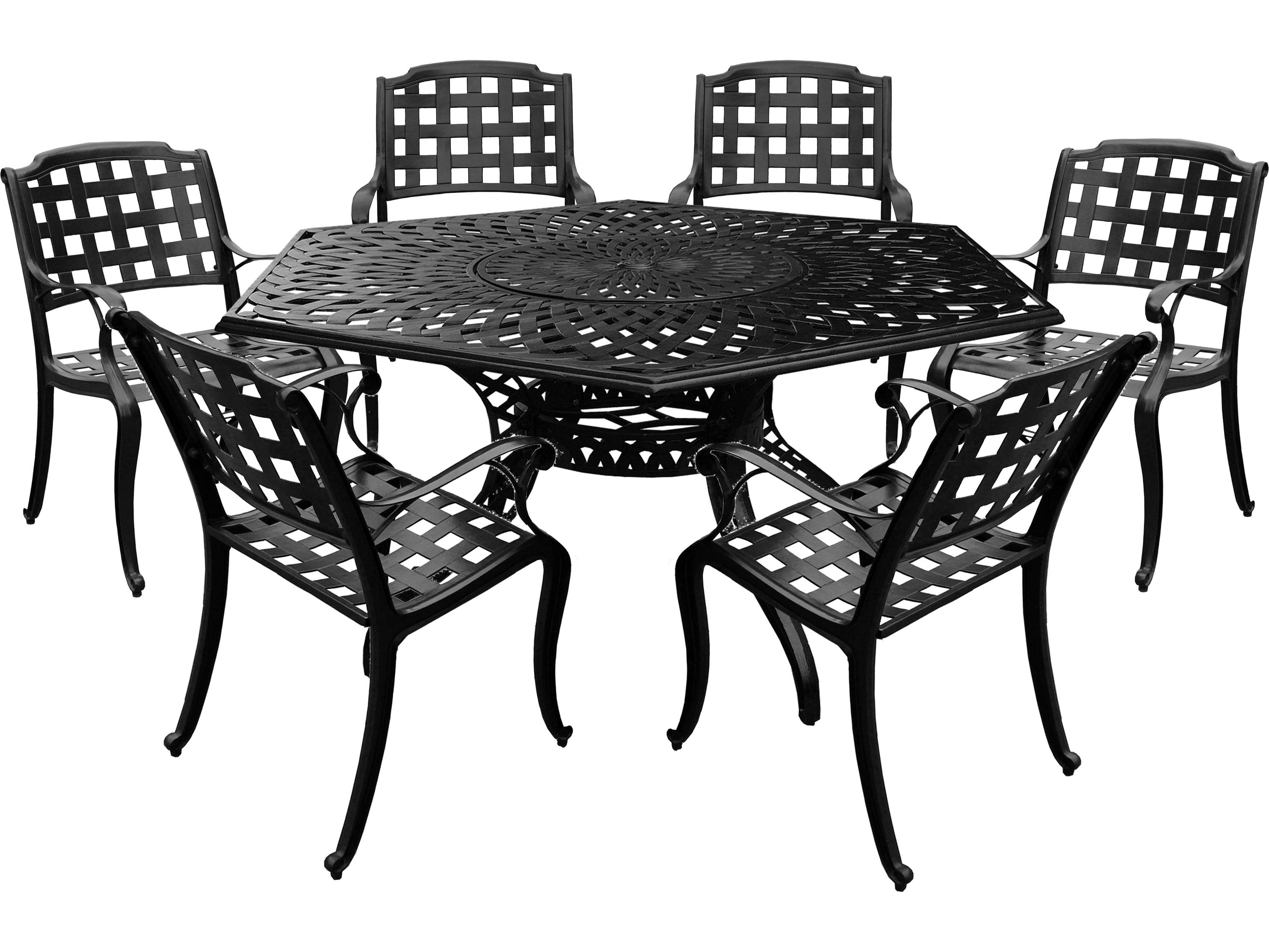 Oakland Living Modern Aluminum 63'' Large Black Hexagon Outdoor Dining Set with Lazy Susan and Six Chairs