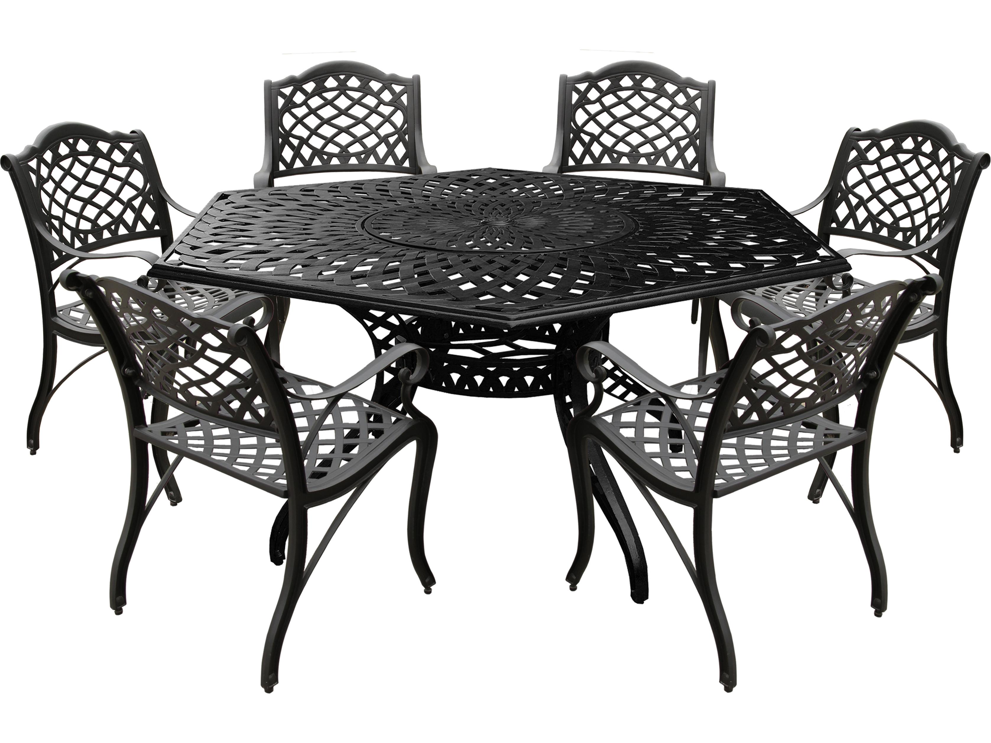 Oakland Living Modern Aluminum 63'' Large Black Hexagon Outdoor Dining Set with Lazy Susan and Six Chairs