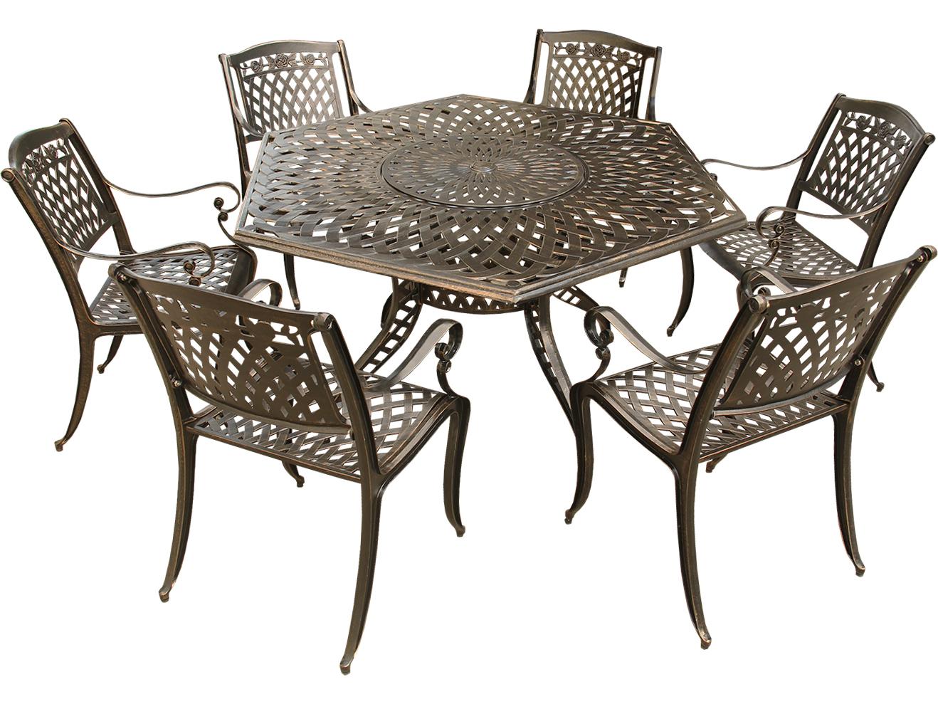 Oakland Living Rose Modern Traditional Lattice Aluminum 63 inch Bronze Hexagon Outdoor Patio Dining Set with Lazy Susan and Six Chairs