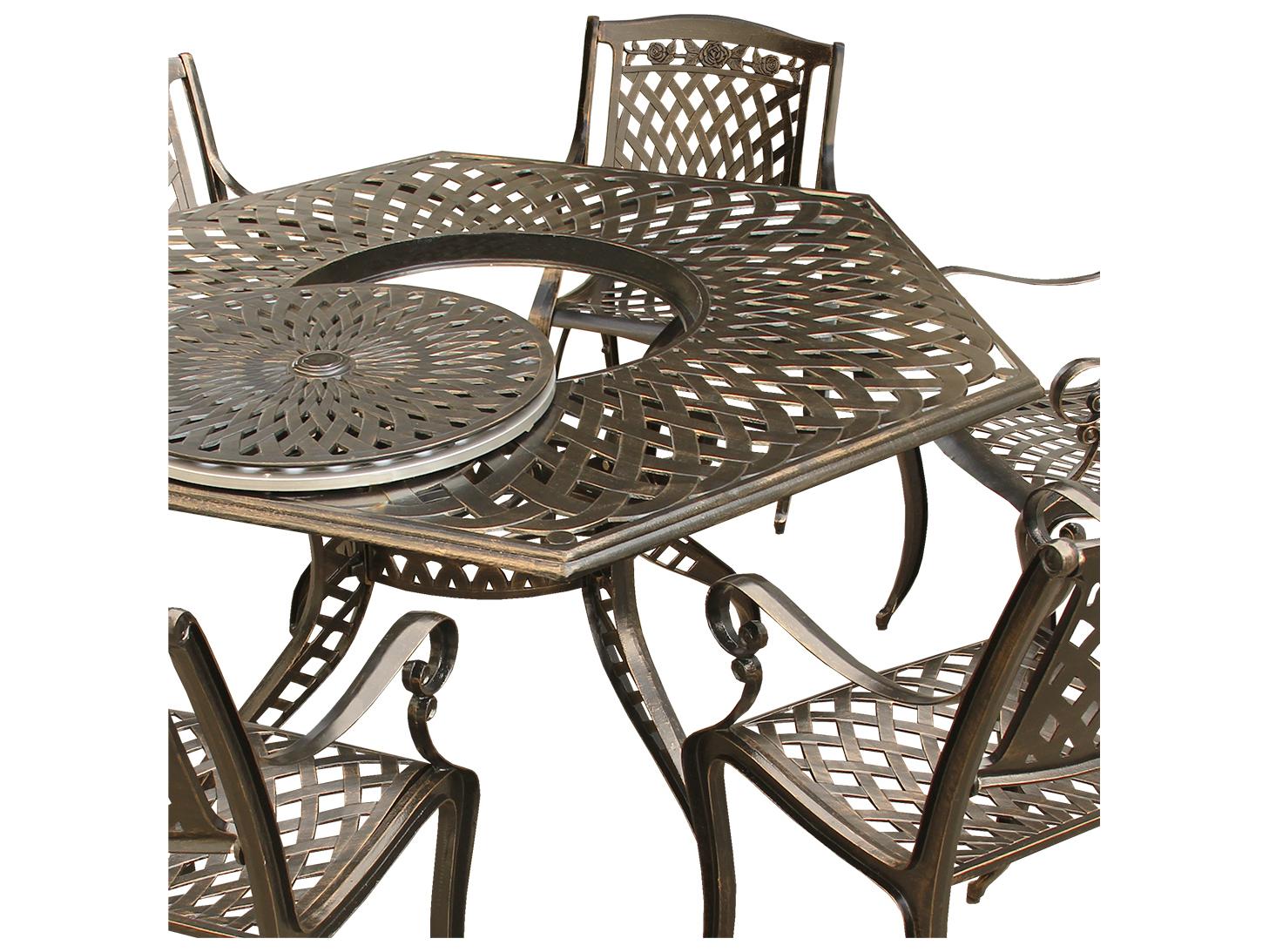Oakland Living Rose Modern Traditional Lattice Aluminum 63 inch Bronze Hexagon Outdoor Patio Dining Set with Lazy Susan and Six Chairs