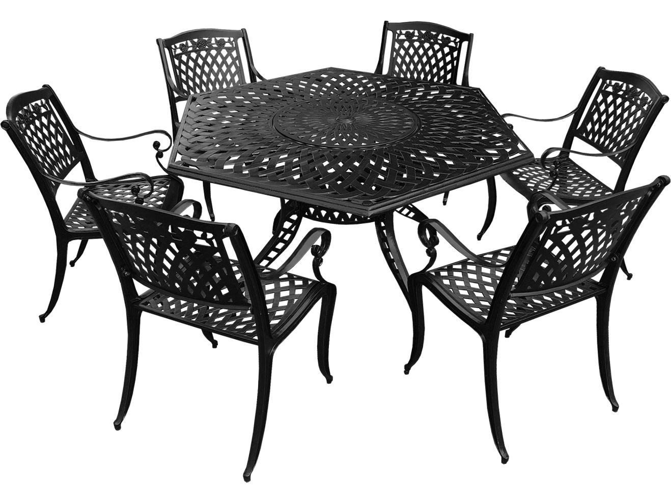 Oakland Living Modern Aluminum 63'' Large Black Hexagon Patio Dining Set with Lazy Susan and Six Chairs