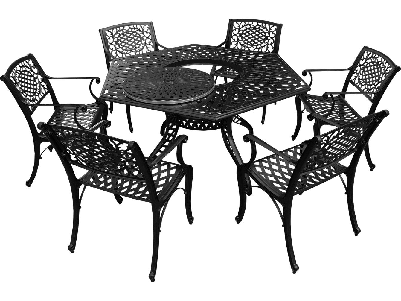 Oakland Living Modern Aluminum 63'' Large Black Hexagon Outdoor Patio Dining Set with Lazy Susan and Six Chairs