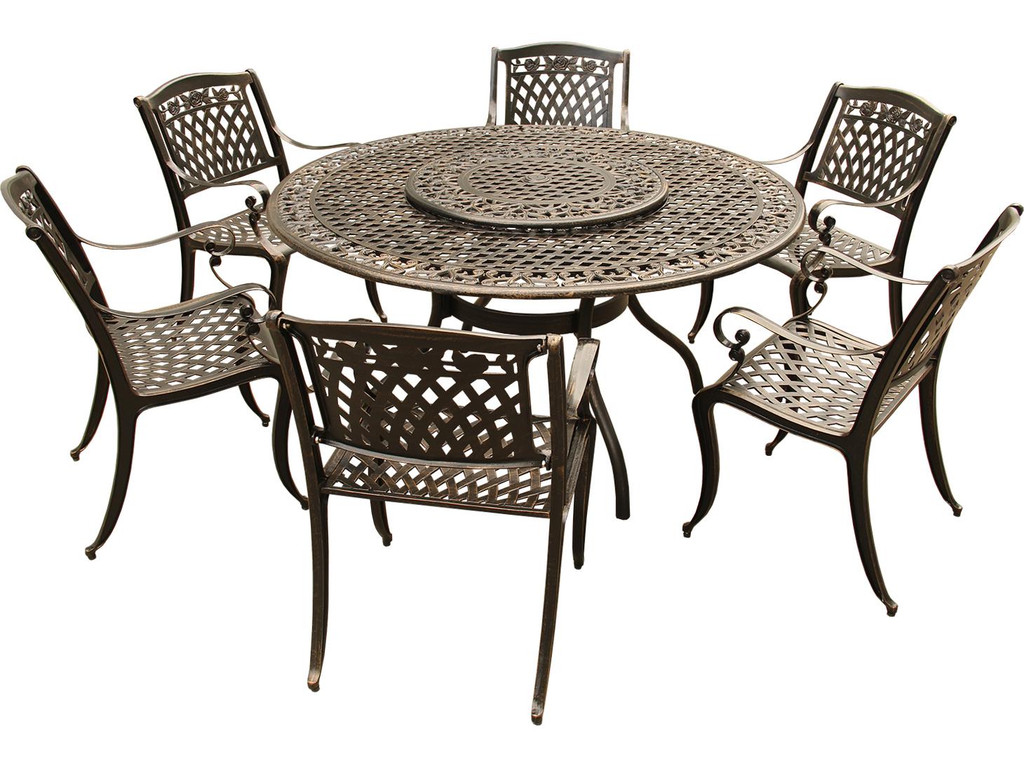 Oakland Living Rose Lattice Aluminum 59 inch Bronze Round Patio Dining Set with Lazy Susan and Six Chairs