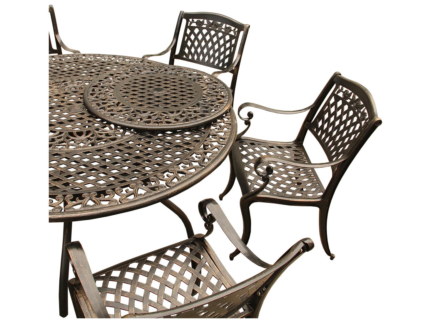 Oakland Living Rose Lattice Aluminum 59 inch Bronze Round Patio Dining Set with Lazy Susan and Six Chairs