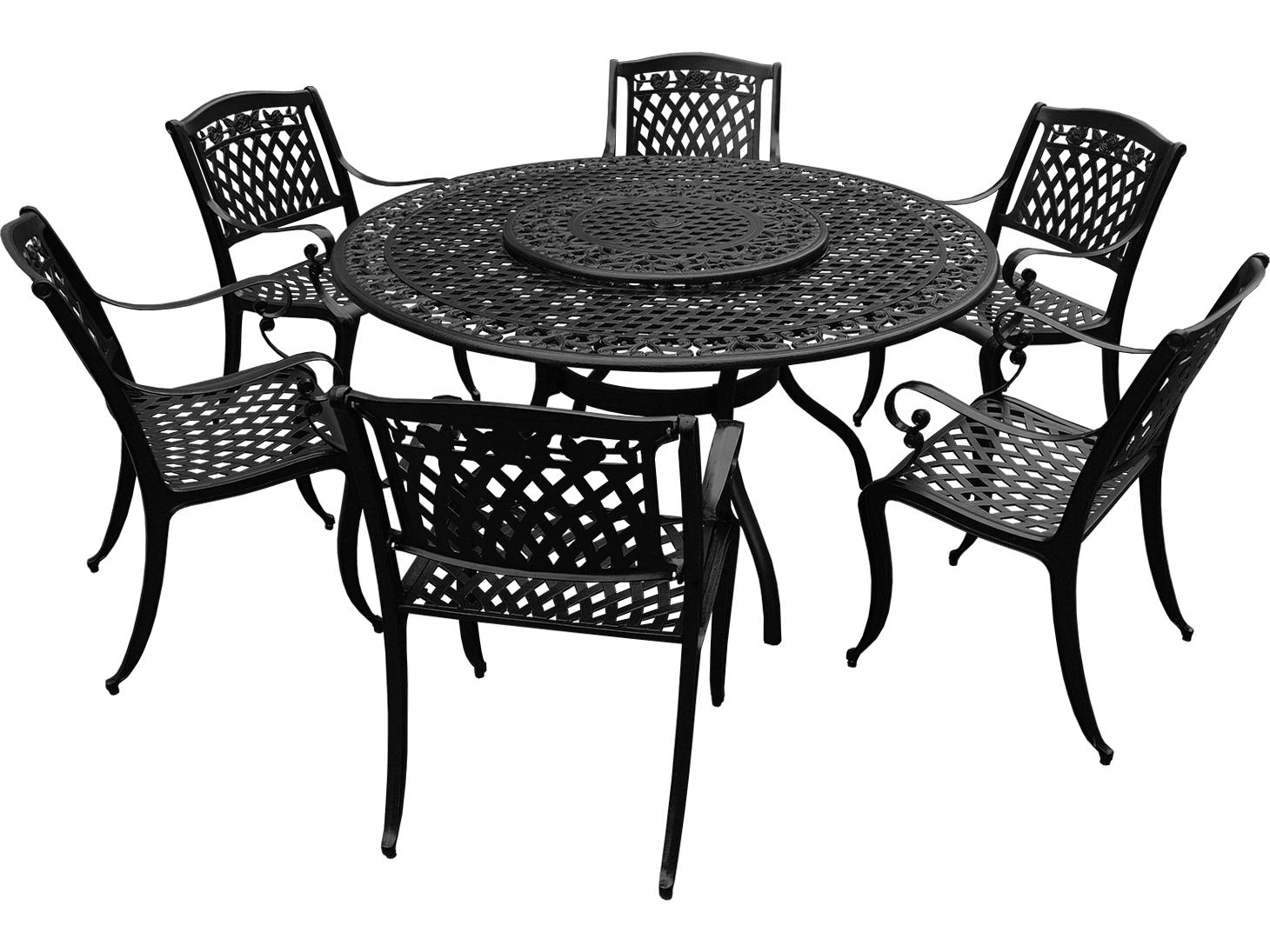 Oakland Living Modern Aluminum 59'' Large Black Round Outdoor Dining Set with Lazy Susan and Six Chairs