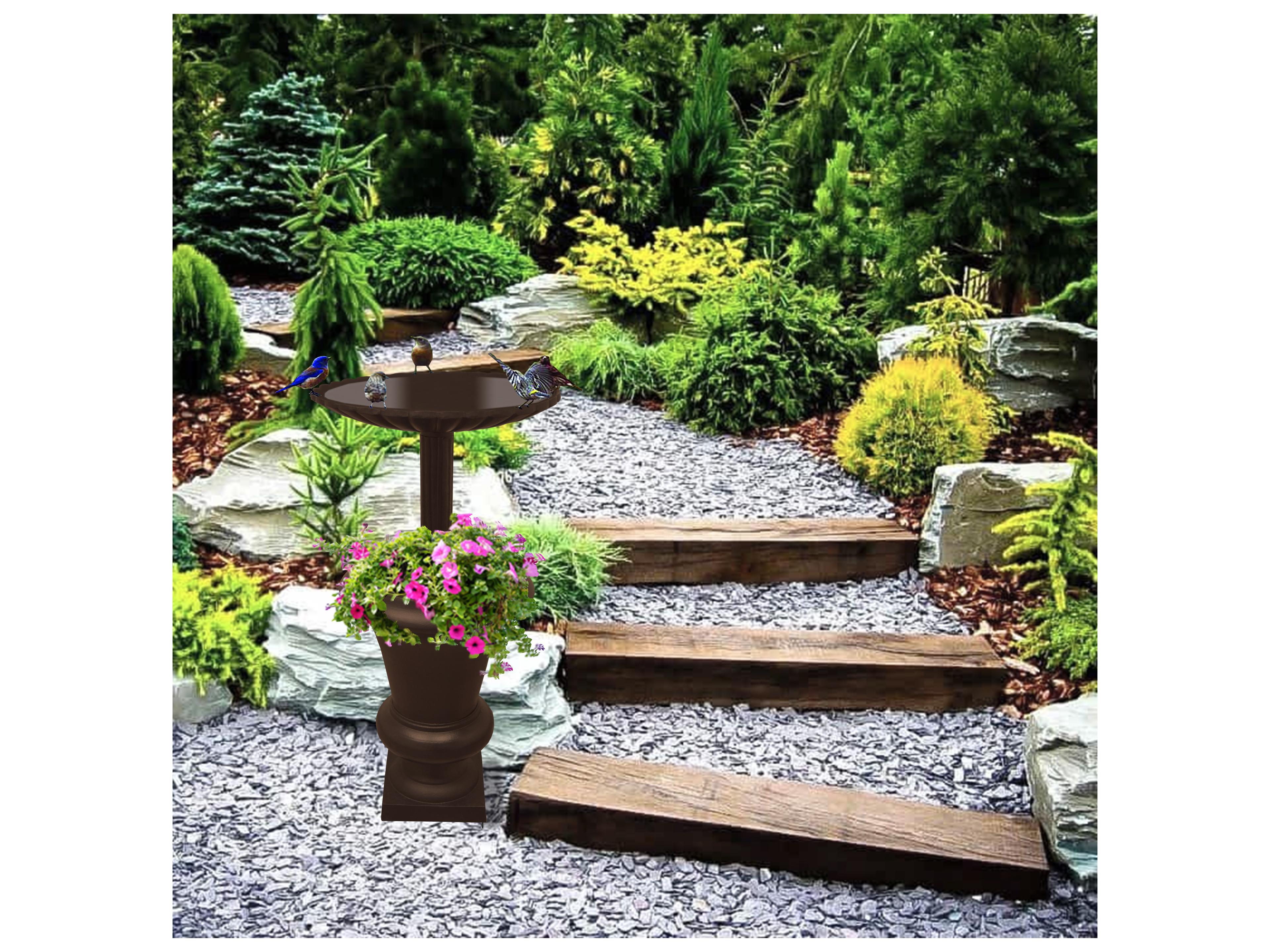 Oakland Living Ornate Round Cast Aluminum 40'' Brown Bird Bath and Planter Vase Combo