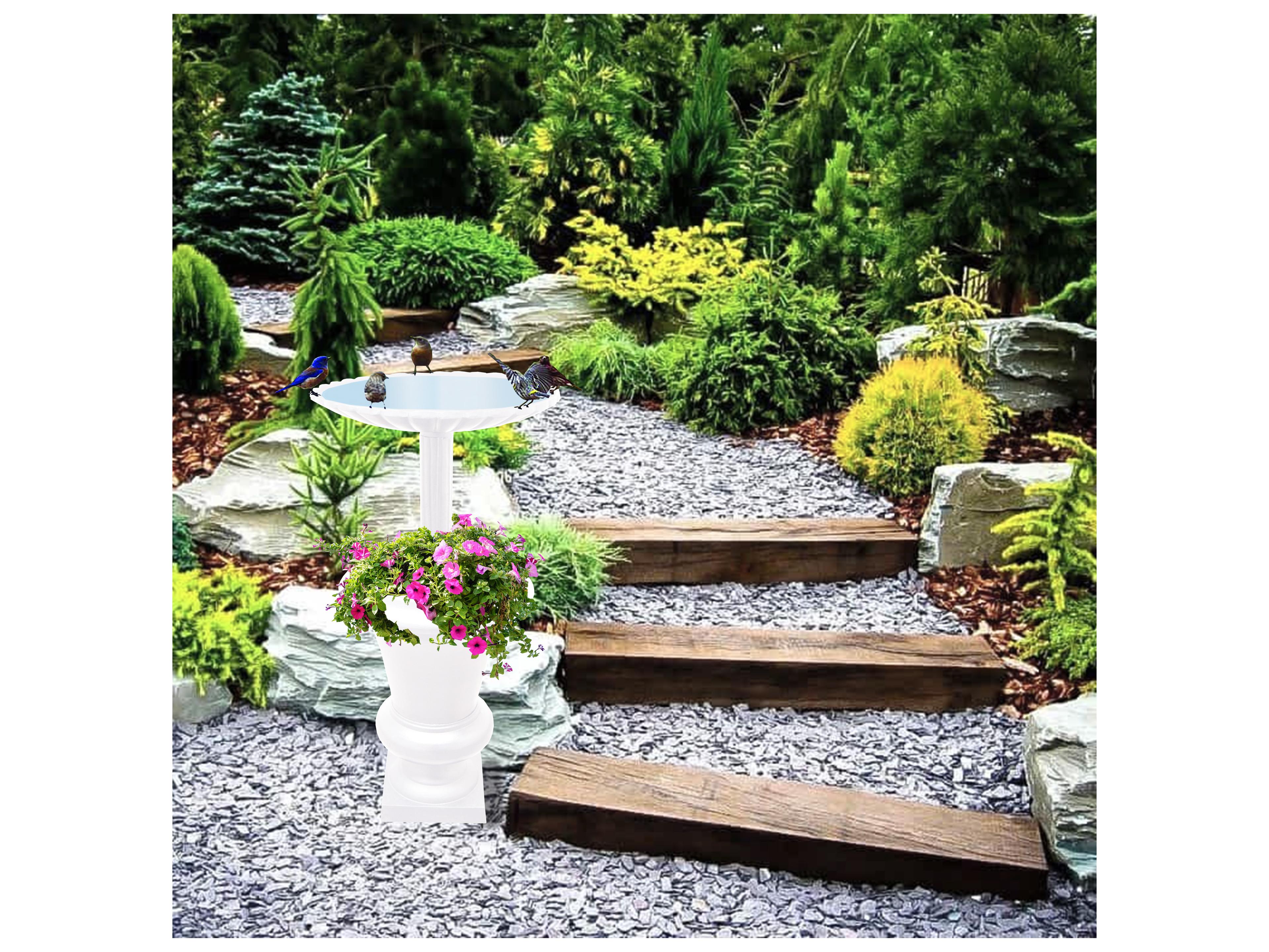 Oakland Living Ornate Round Cast Aluminum 40'' White Bird Bath and Planter Vase Combo