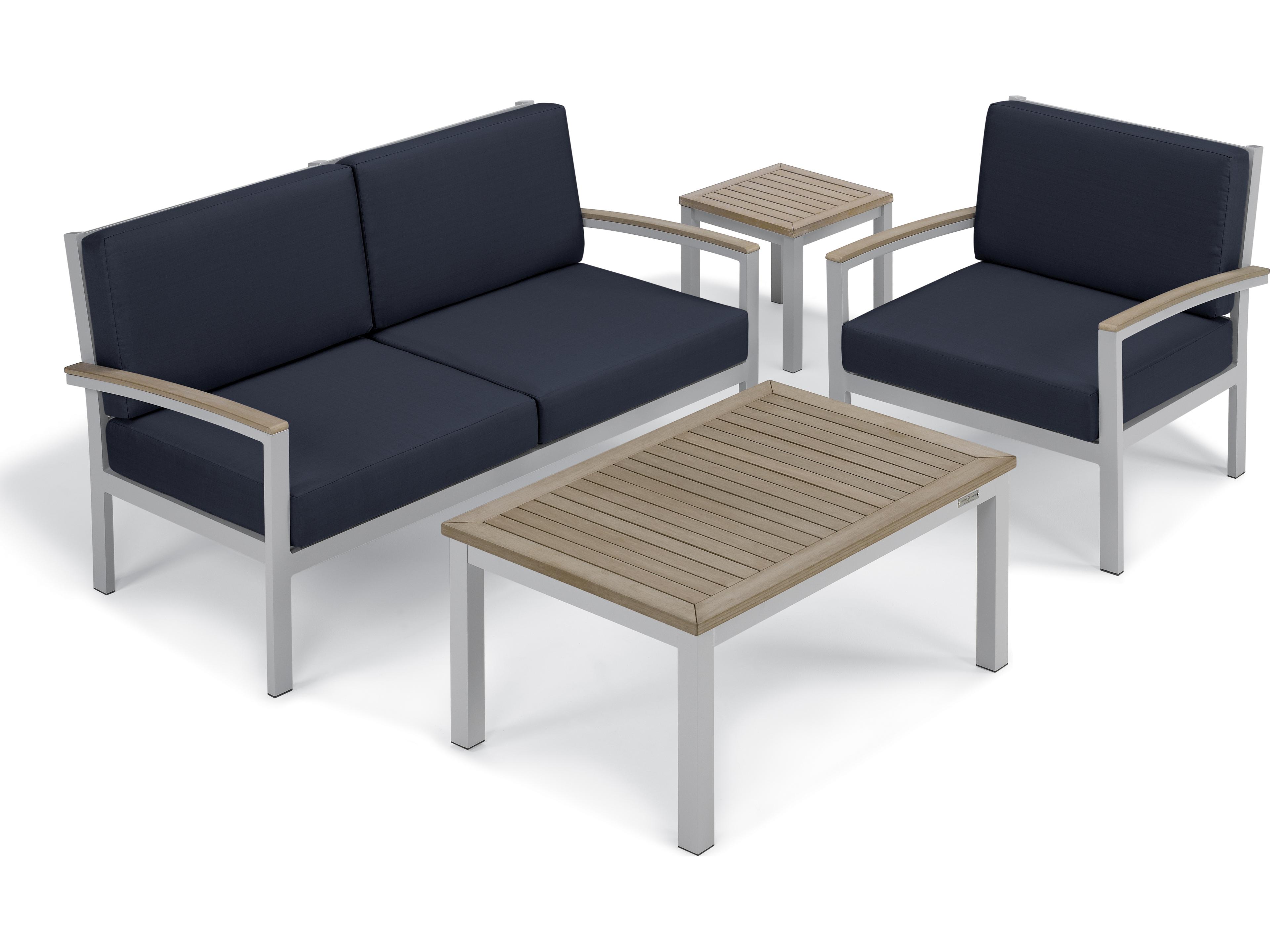 Oxford Garden Travira Aluminum Flint 4 Piece Outdoor Lounge Set with Midnight Blue Cushions