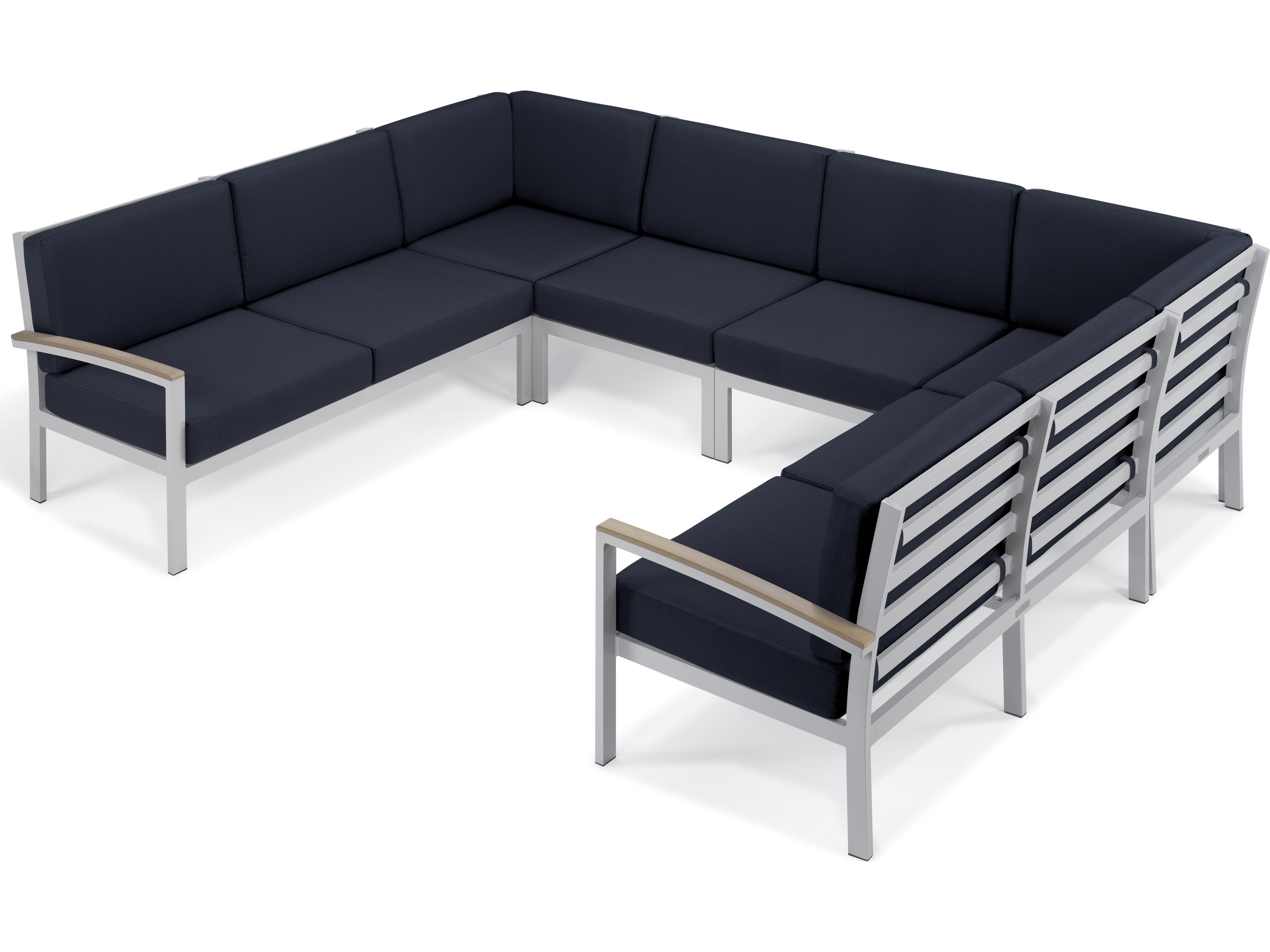 Oxford Garden Travira Aluminum Flint 6 Piece Sectional Outdoor Lounge Set with Midnight Blue Cushions