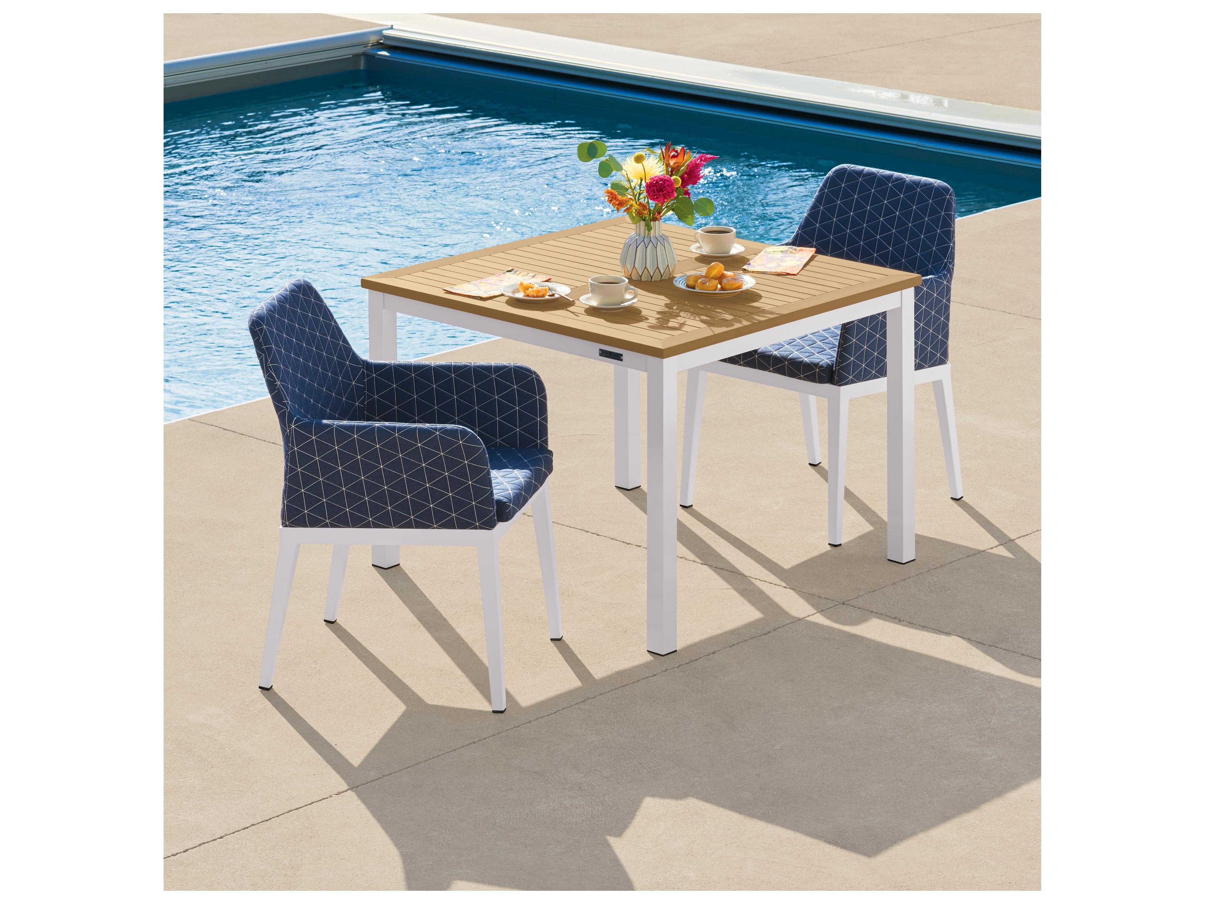 Oxford Garden Oland Aluminum Chalk 3 Piece Patio Dining Set with Spectrum Indigo Cushions
