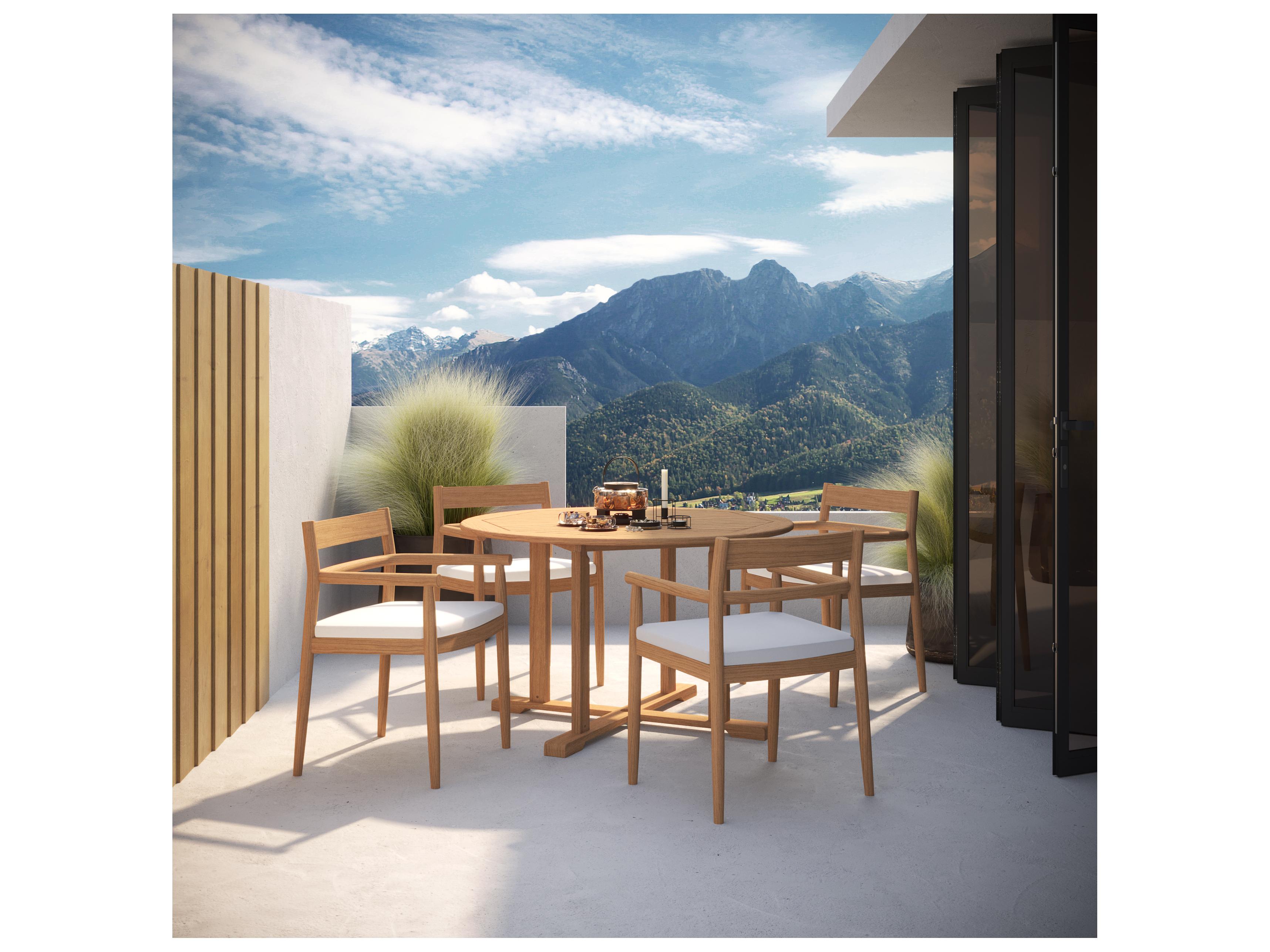 Oxford Garden Lido Teak Natural 5 Piece Outdoor Dining Set with Sunbrella Bliss Linen Cushions