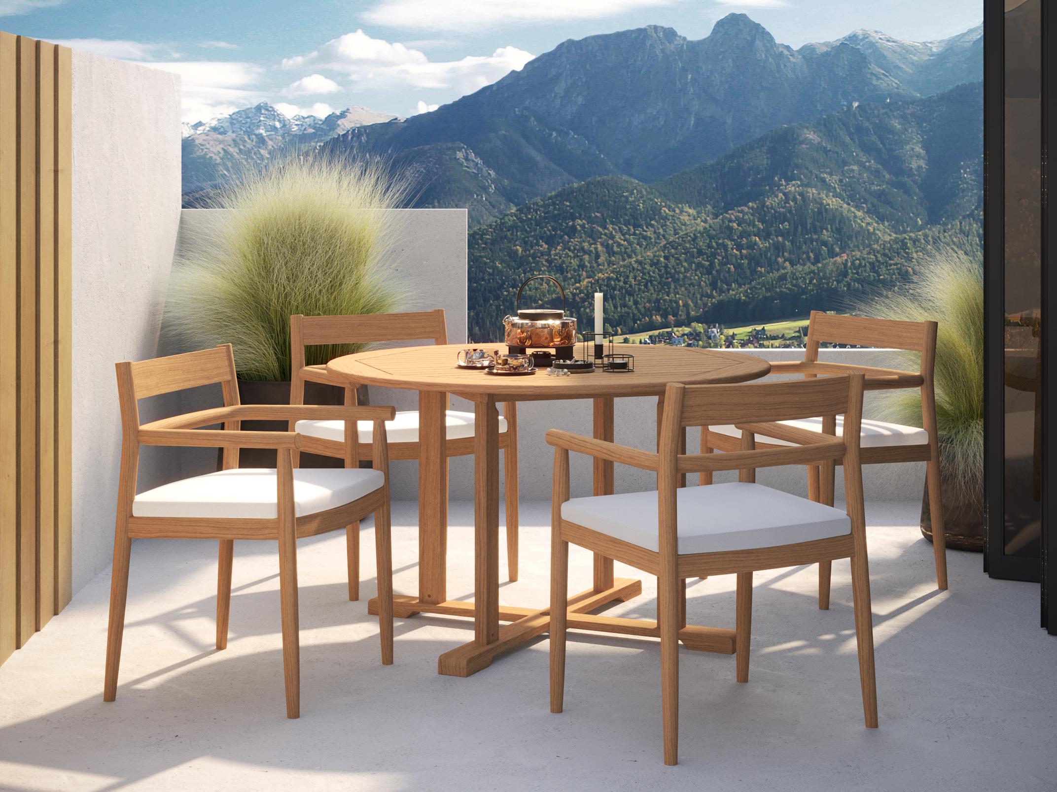 Oxford Garden Lido Teak Natural 5 Piece Outdoor Dining Set with Sunbrella Bliss Linen Cushions