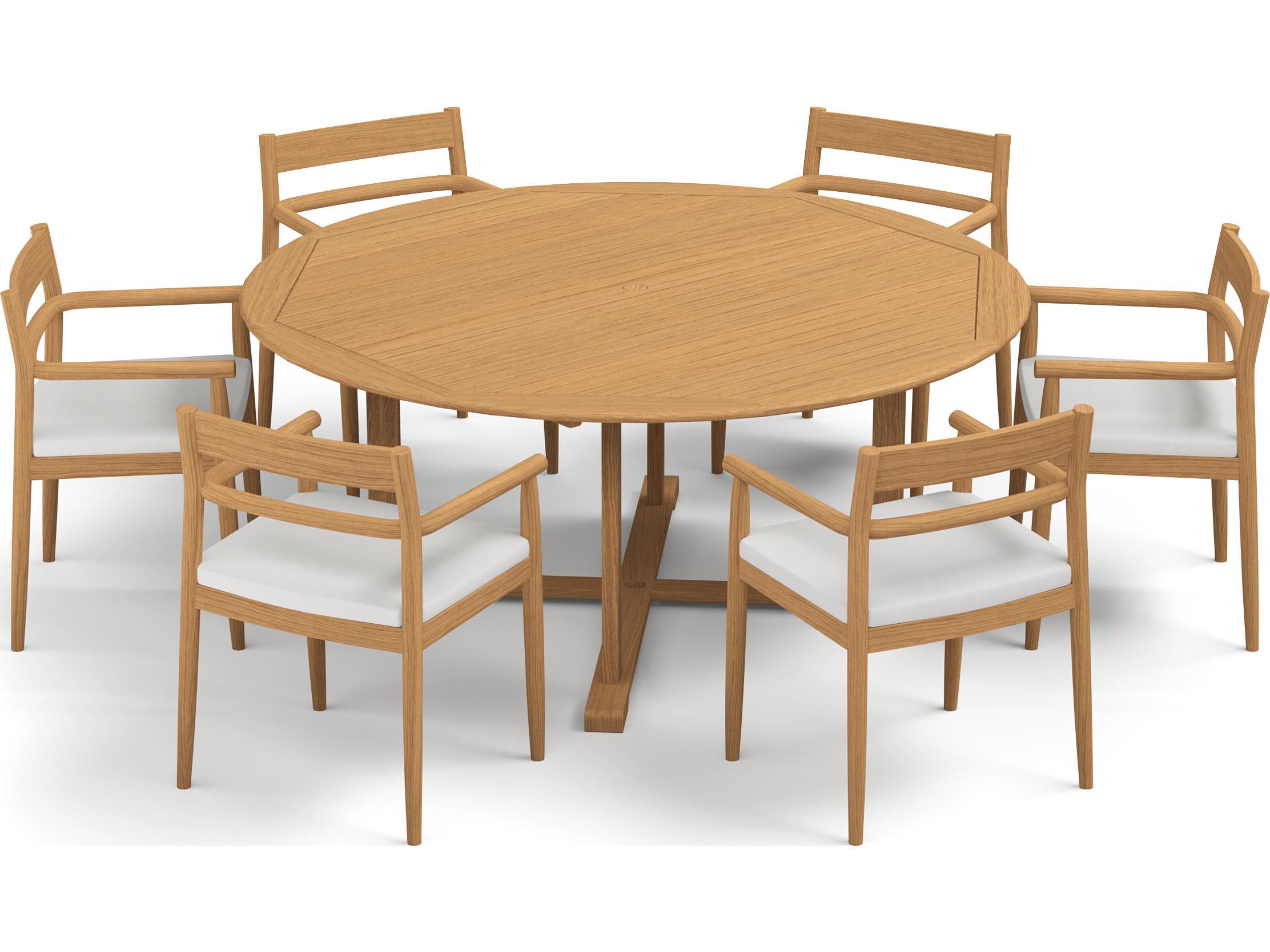 Oxford Garden Lido Teak Natural 7 Piece Outdoor Patio Dining Set with Sunbrella Bliss Linen Cushions