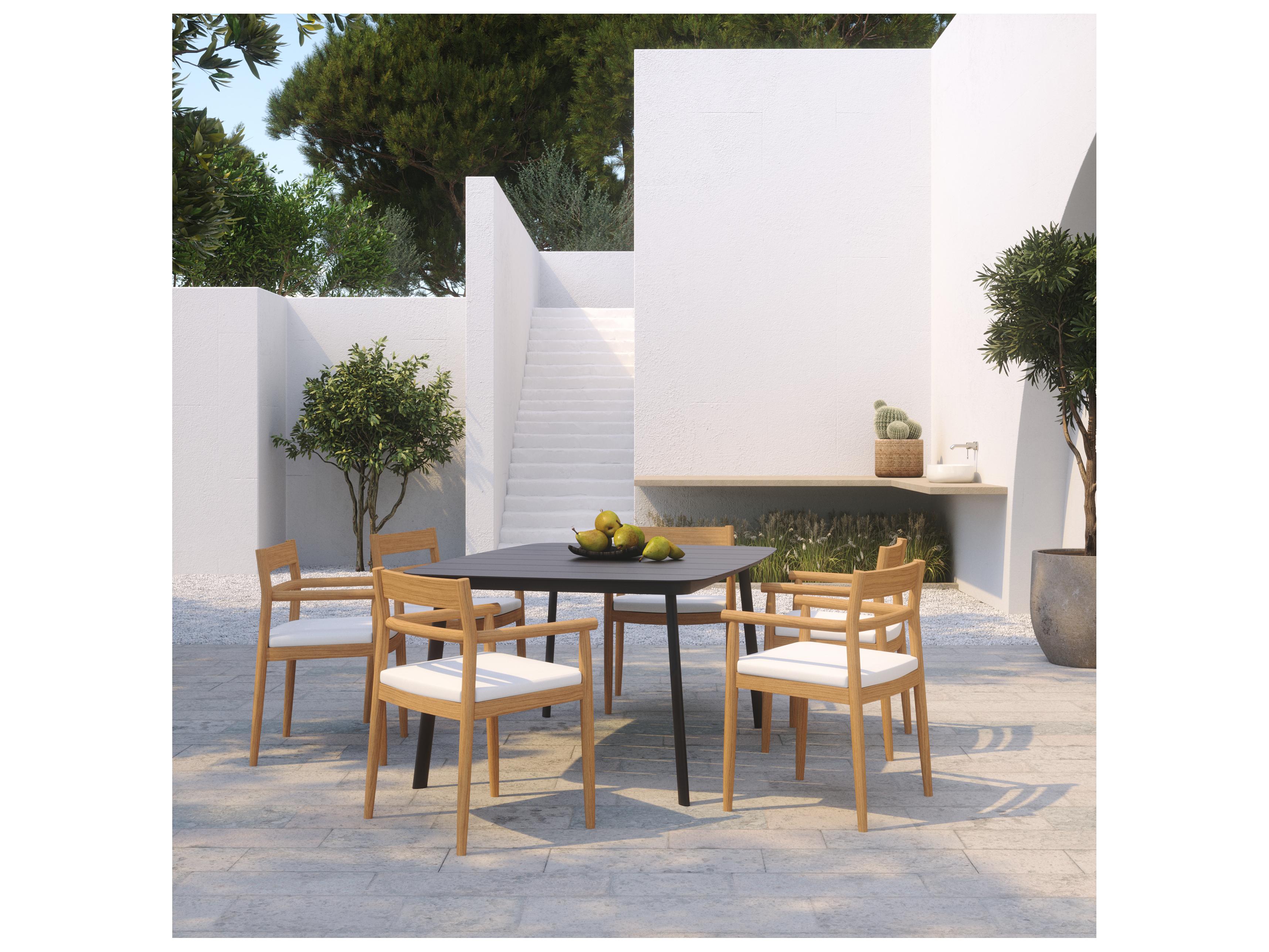 Oxford Garden Lido Teak 7 Piece Patio Dining Set with Sunbrella Bliss Linen Cushions