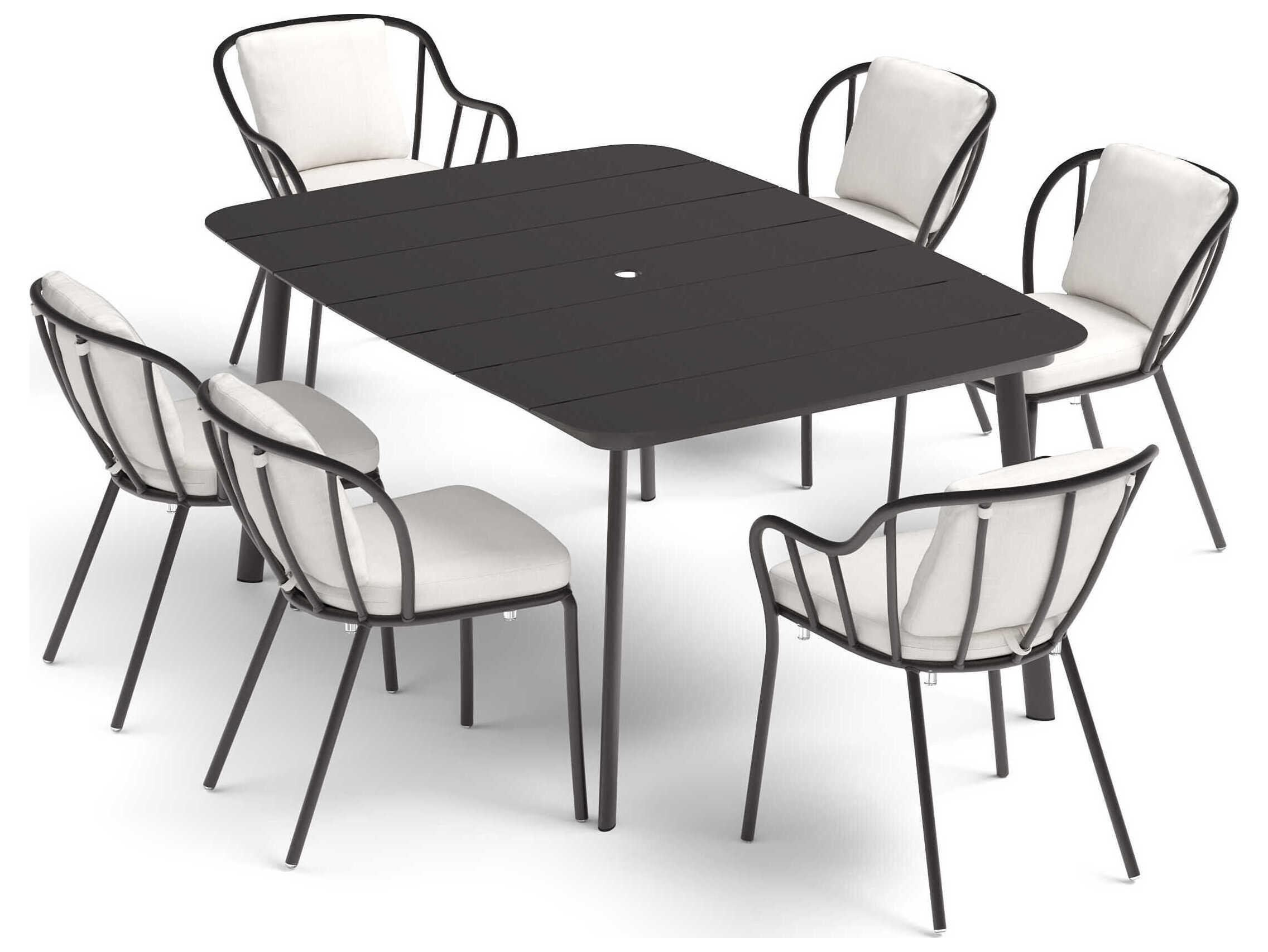 Oxford Garden Eiland Aluminum Carbon 7 Piece 63'' Rectangular Outdoor Patio Dining Set with Bliss Linen Cushion