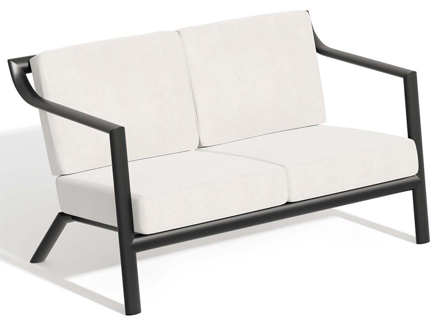 Oxford Garden Markoe Aluminum Carbon Stackable Outdoor Patio Loveseat with Sunbrella Bliss Linen Cushions