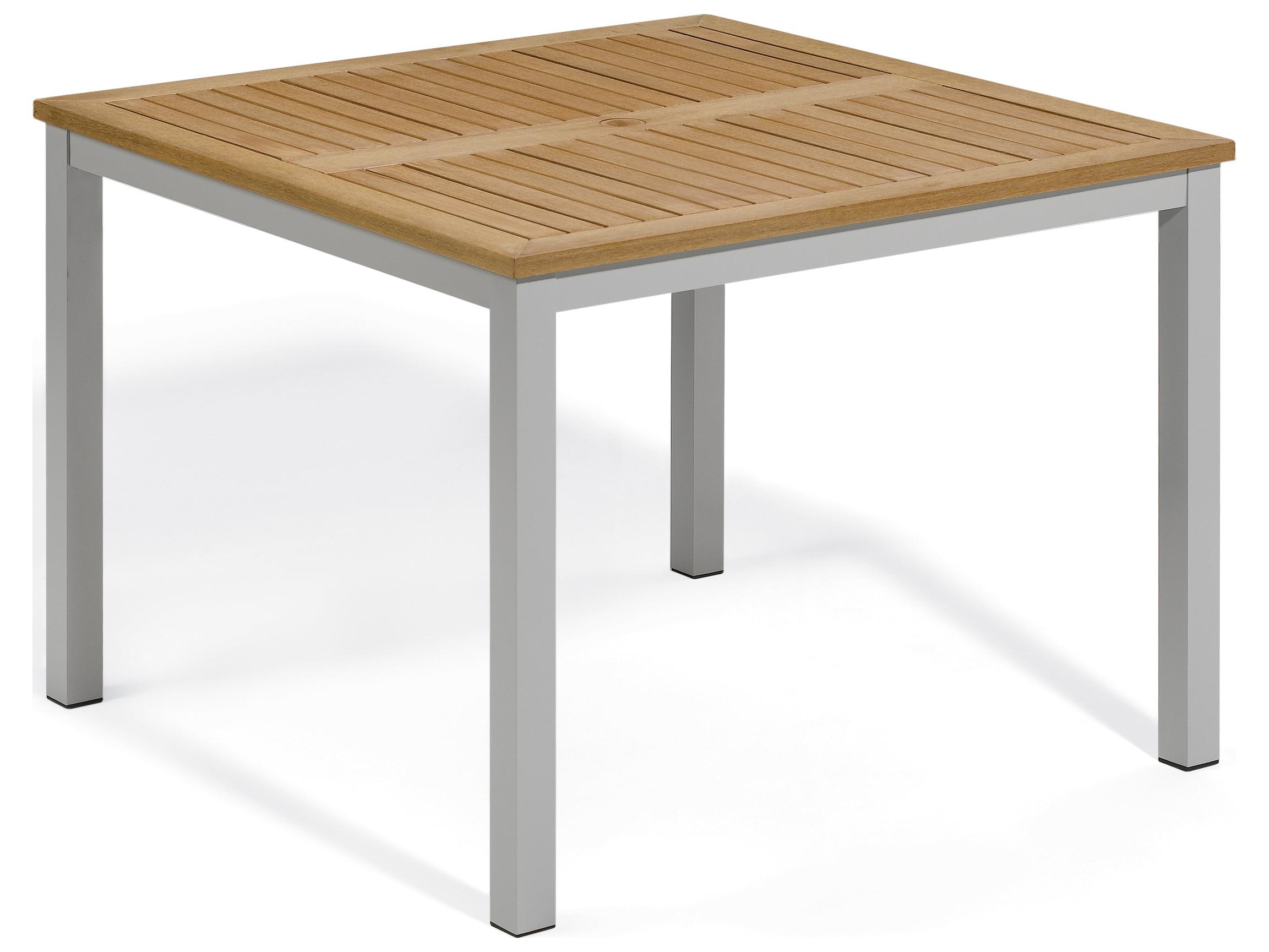 Oxford Garden Travira Aluminum Flint Square Tekwood Top Outdoor Patio Dining Table with Umbrella Hole