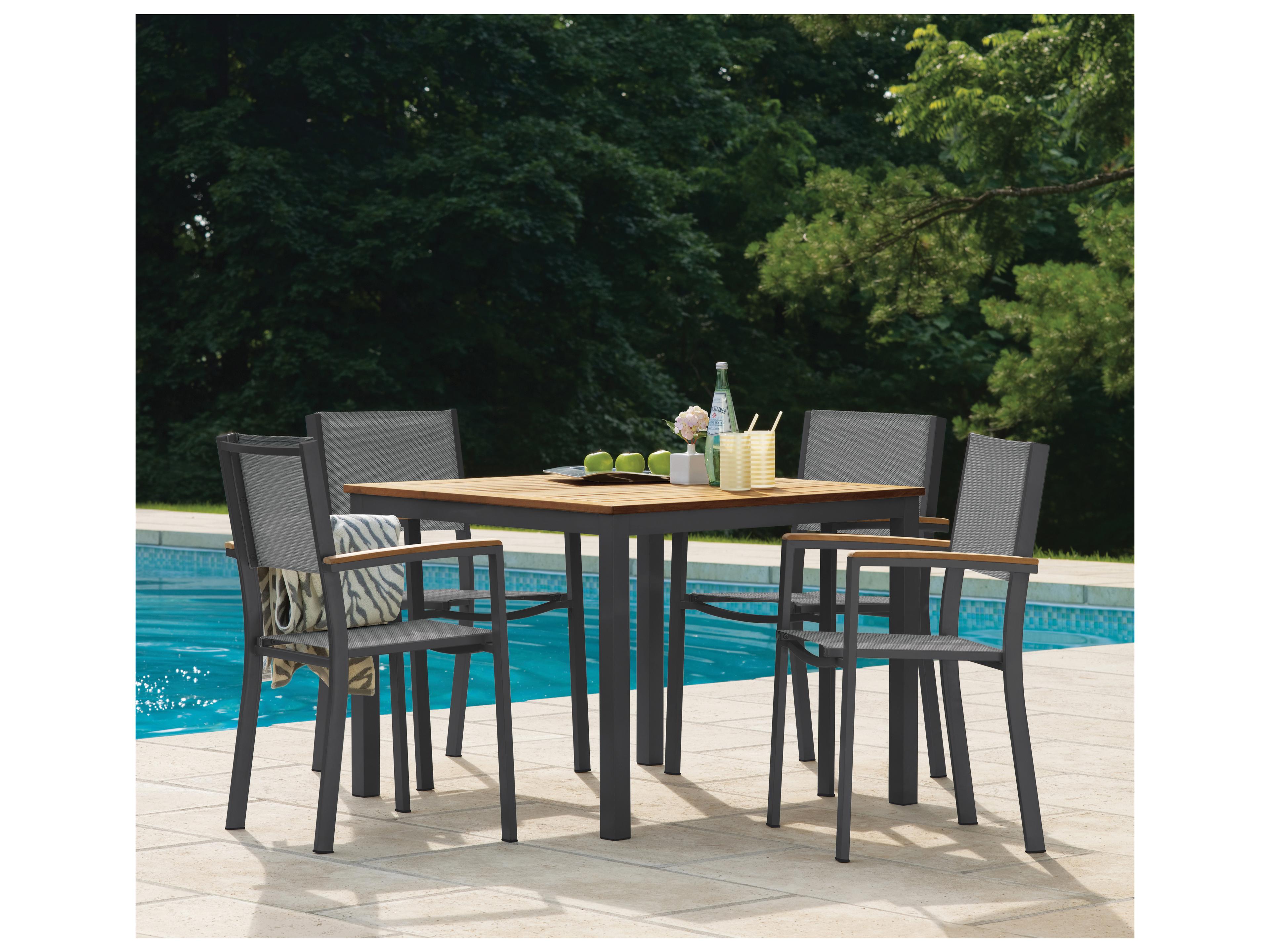 Oxford Garden Travira Aluminum Carbon Square Tekwood Top Patio Dining Table with Umbrella Hole