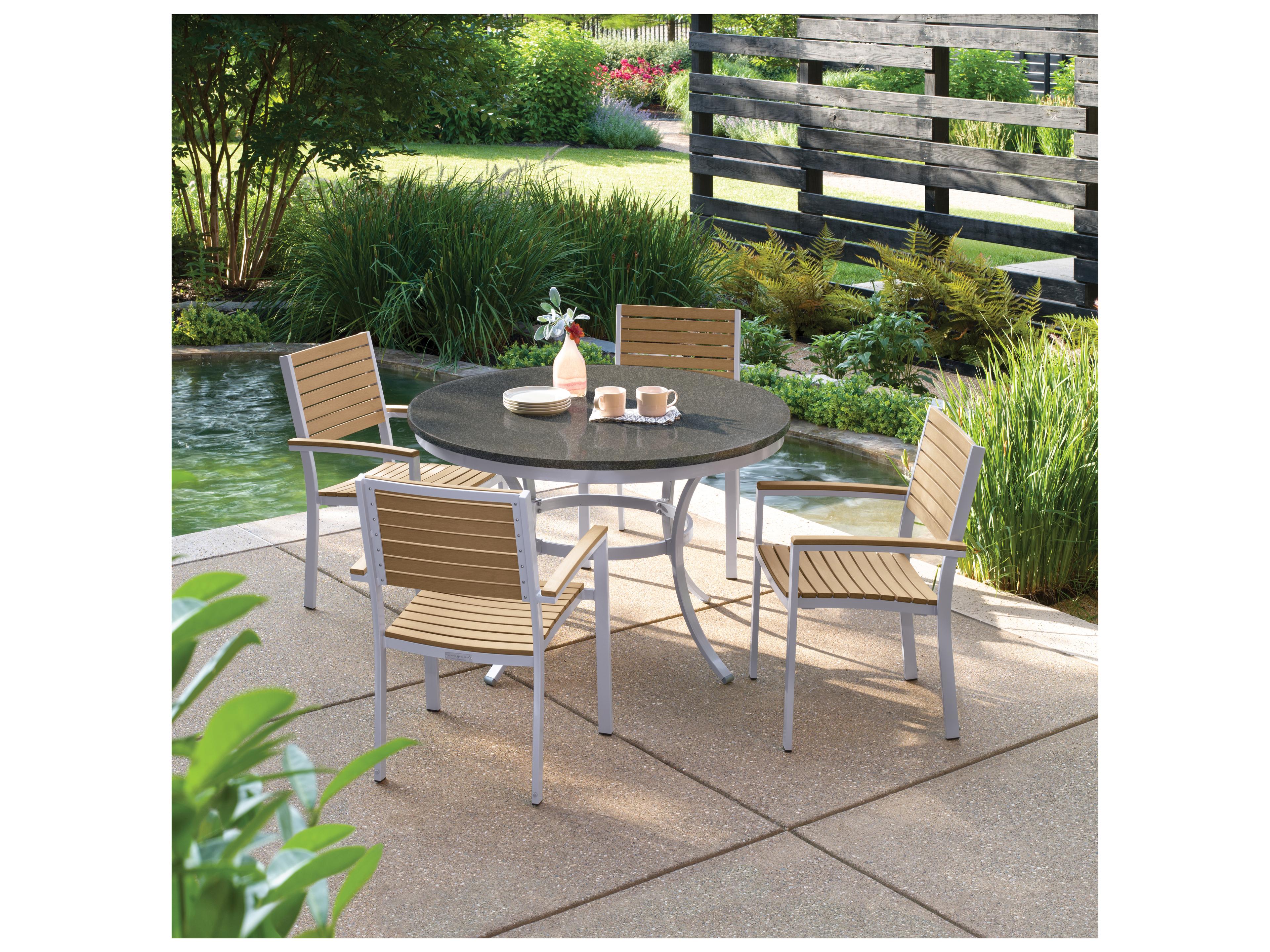 Oxford Garden Travira Aluminum Flint Round Granite Top Outdoor Patio Dining Table with Umbrella Hole