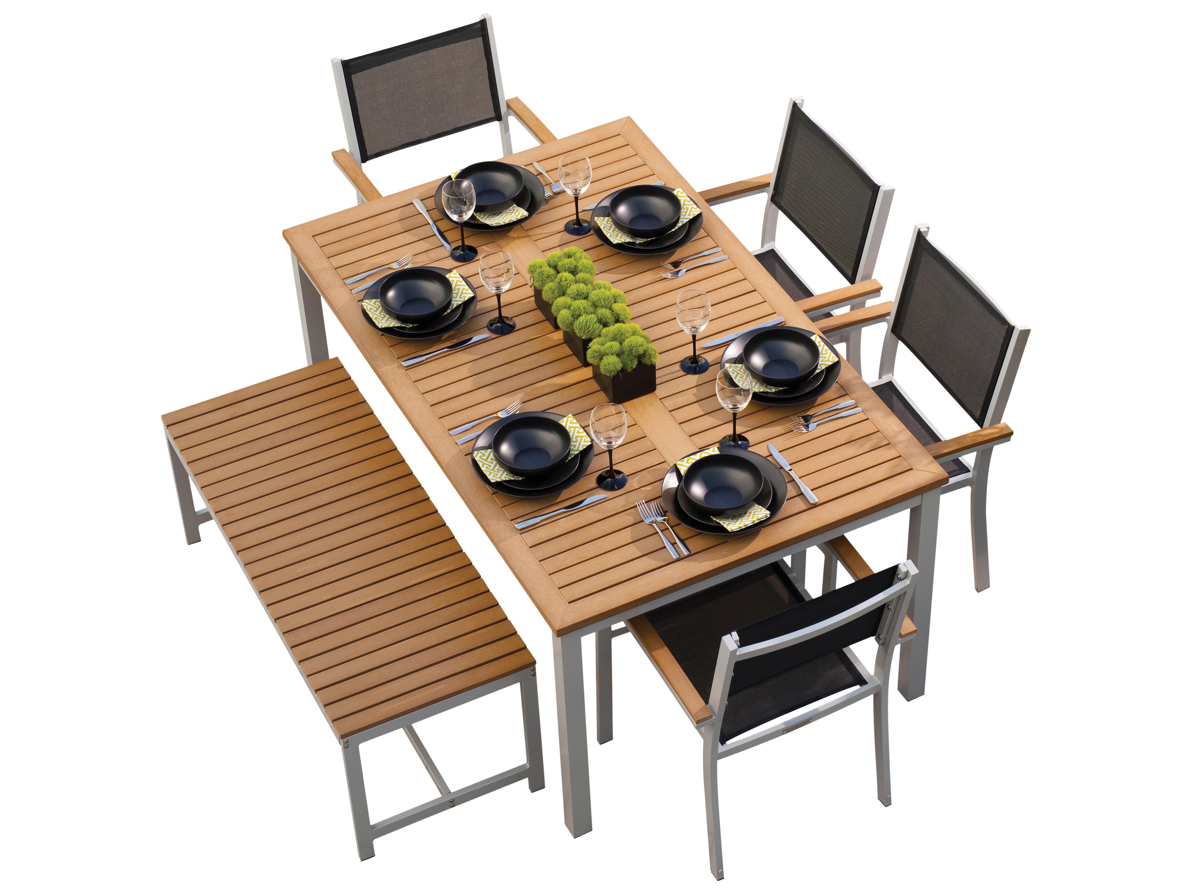 Oxford Garden Travira Aluminum Flint Rectangular Tekwood Top Patio Dining Table with Umbrella Hole