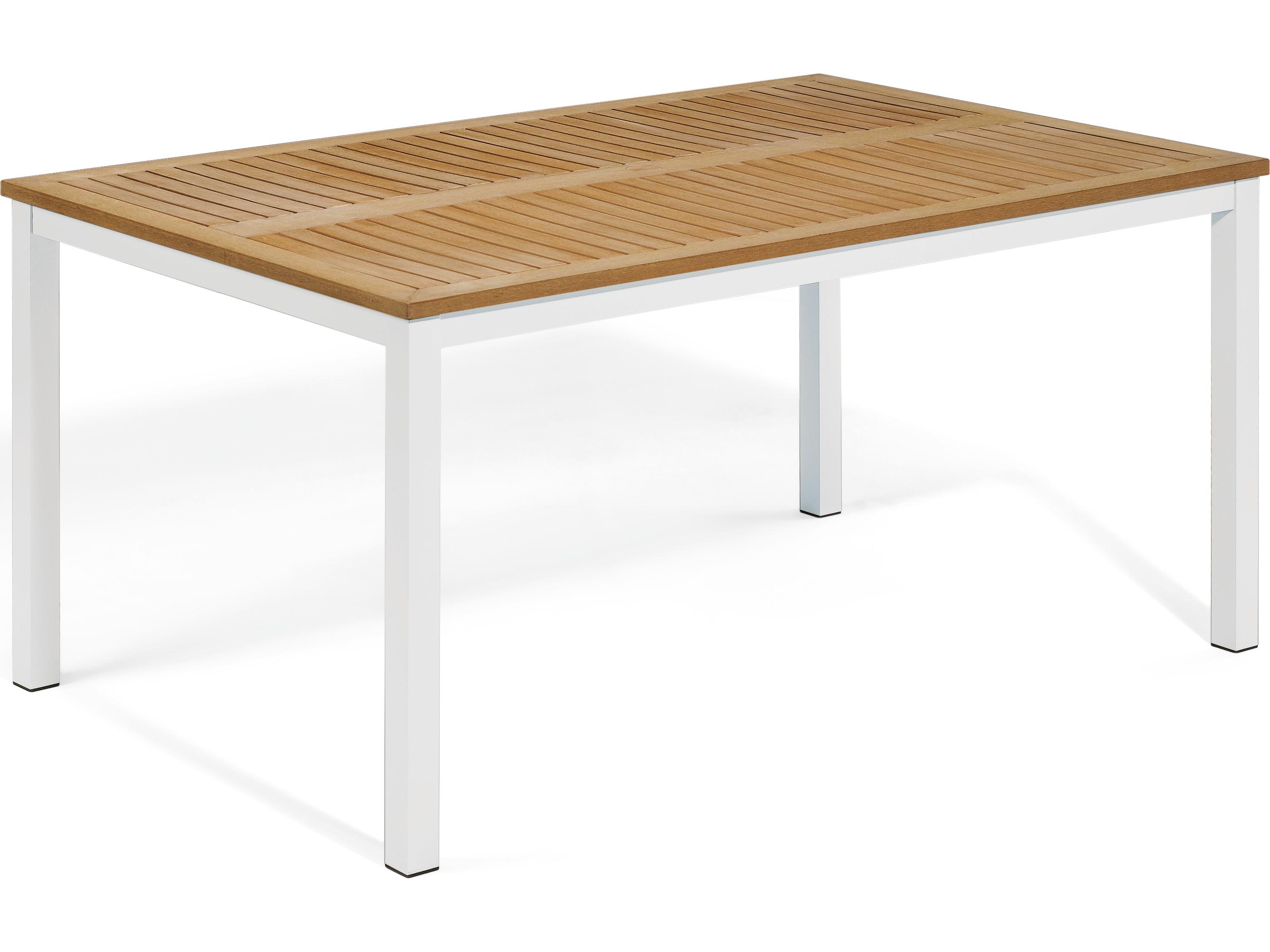 Oxford Garden Travira Aluminum Chalk Rectangular Tekwood Top Outdoor Patio Dining Table with Umbrella Hole