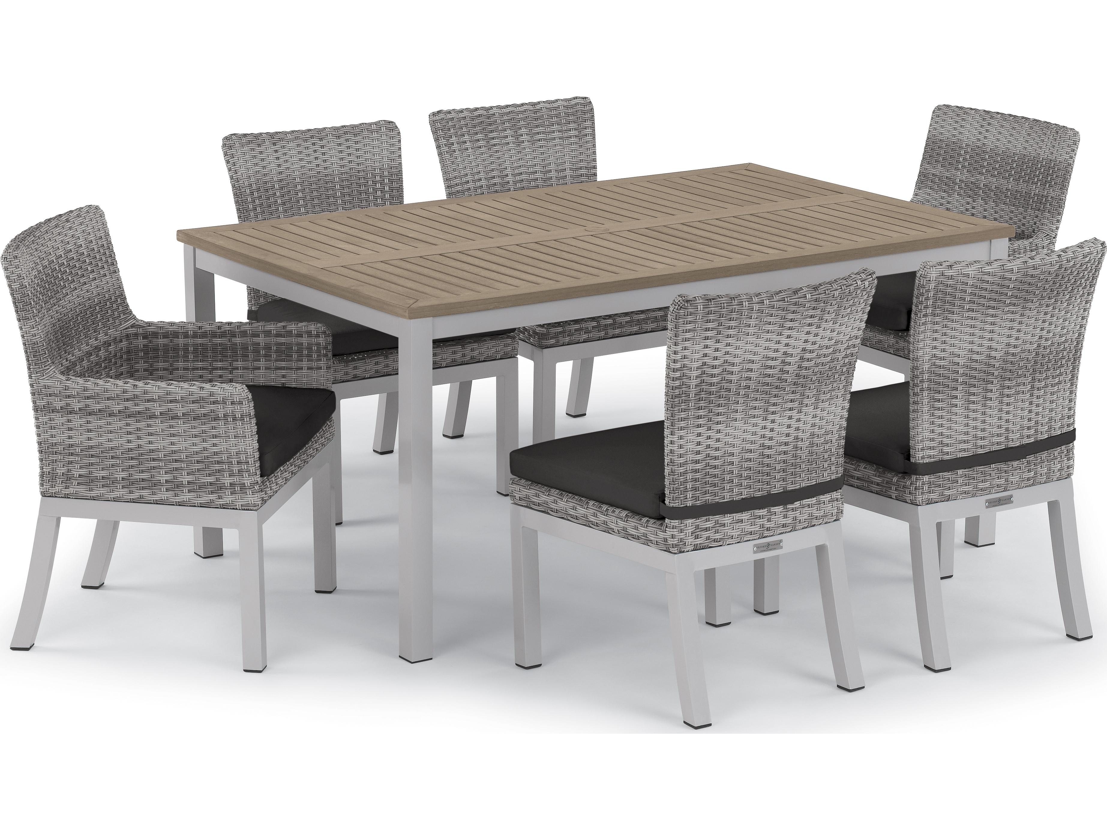 Oxford Garden Travira Aluminum Flint Rectangular Tekwood Top Patio Dining Table with Umbrella Hole