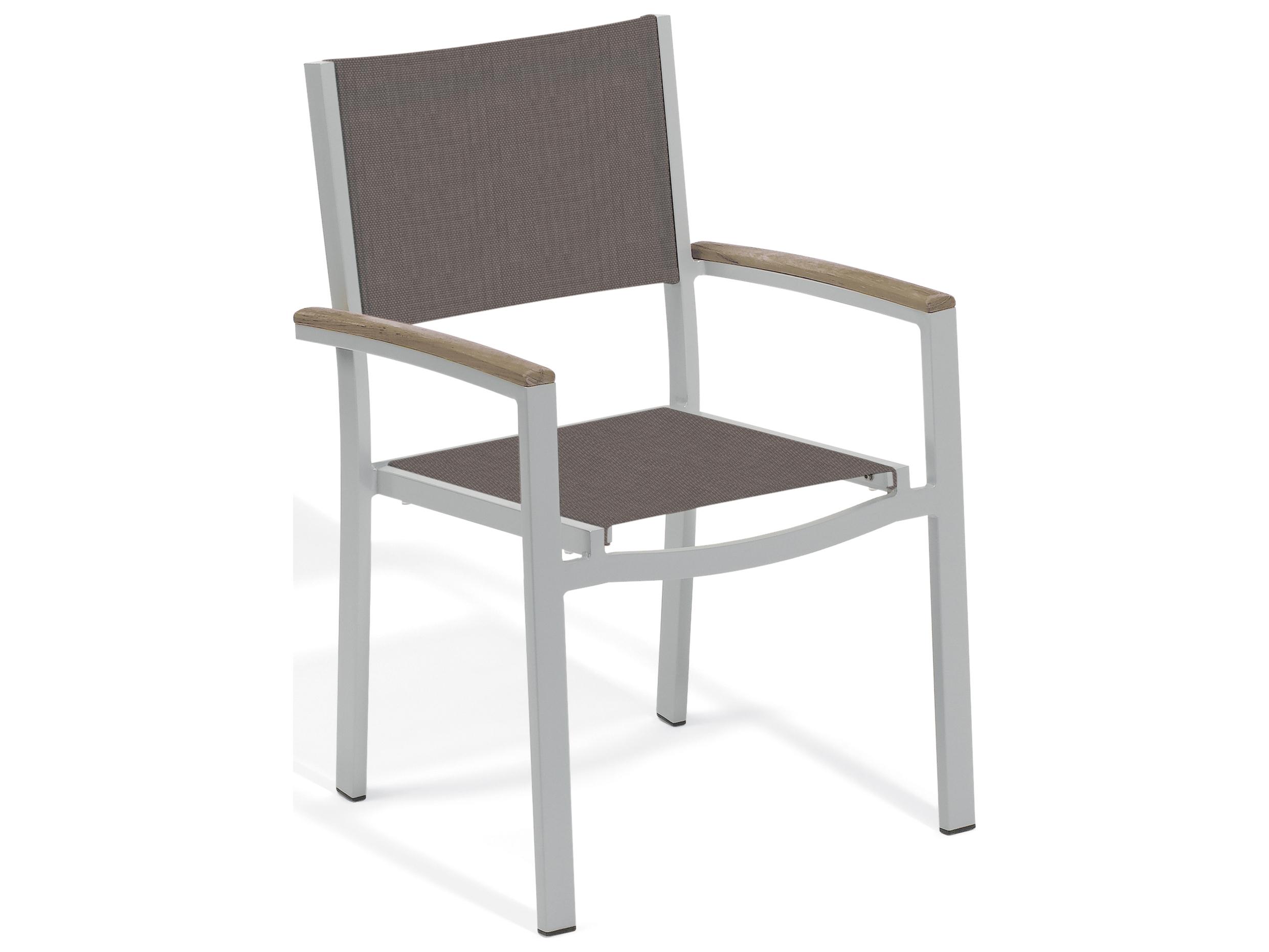 Oxford Garden Travira Aluminum Flint Stackable Outdoor Dining Arm Chair with Cocoa Sling Set of 2