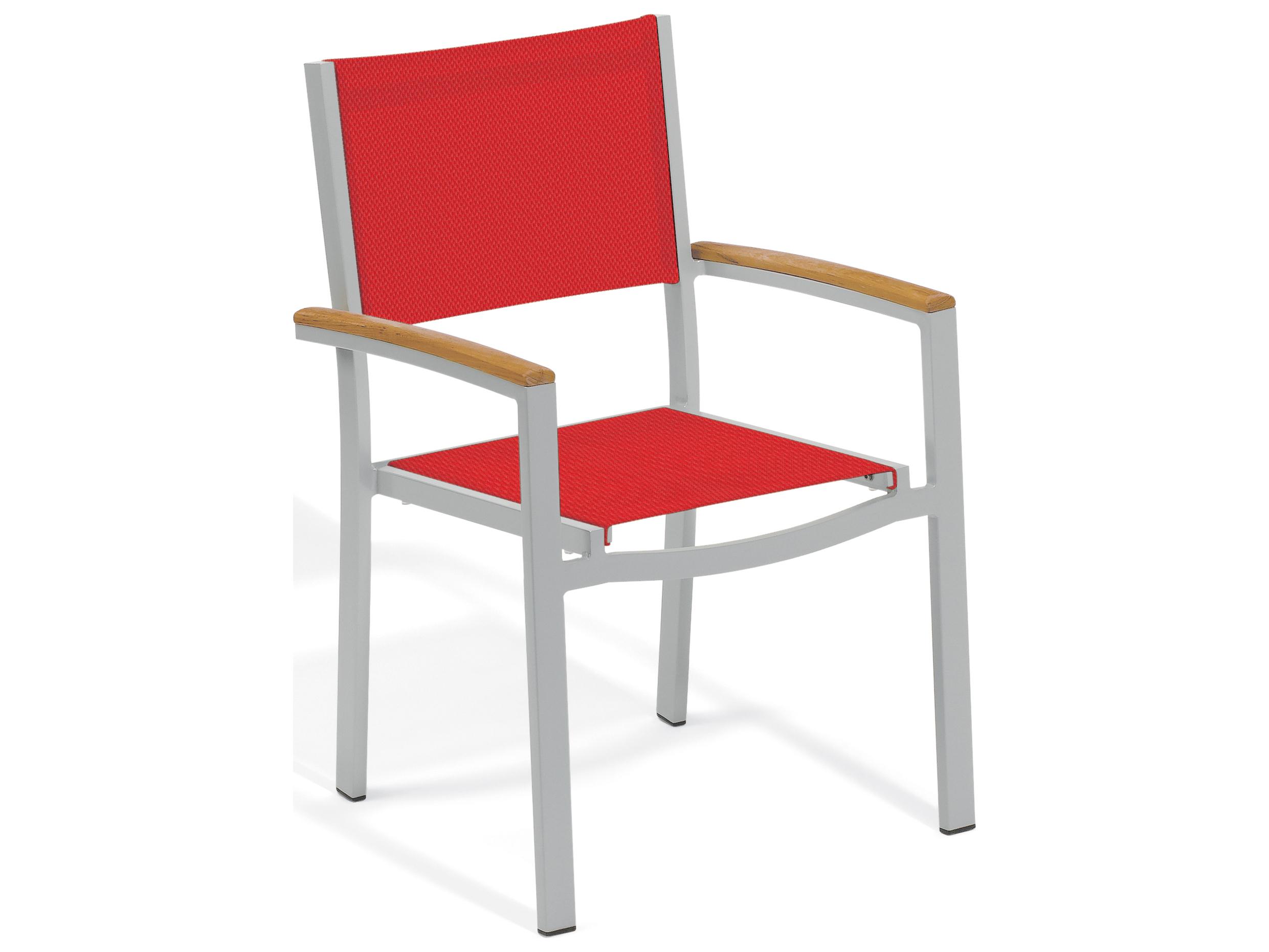 Oxford Garden Travira Aluminum Flint Stackable Patio Dining Arm Chair with Red Sling Set of 2