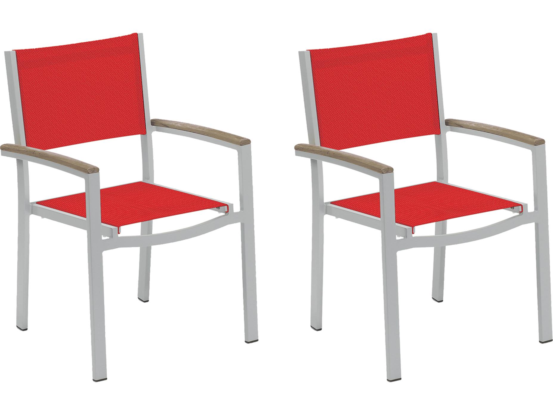 Oxford Garden Travira Aluminum Flint Stackable Outdoor Patio Dining Arm Chair with Red Sling Set of 2