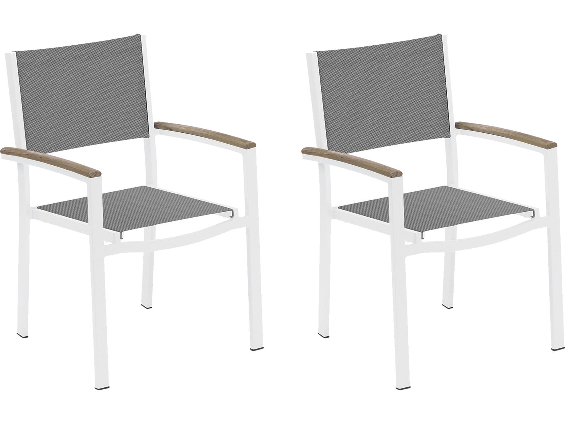 Oxford Garden Travira Aluminum Chalk Stackable Outdoor Patio Dining Arm Chair with Titanium Sling Set of 2