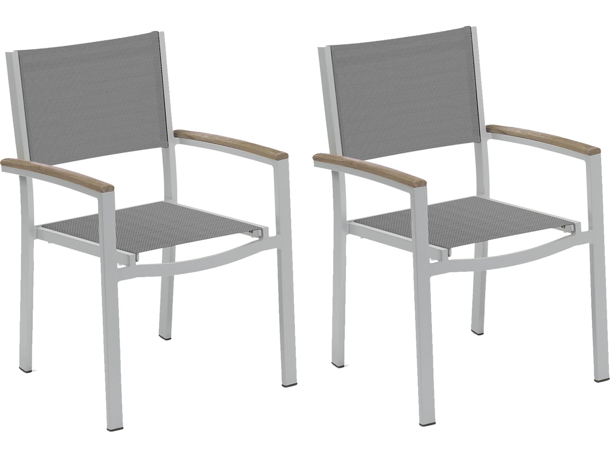 Oxford Garden Travira Aluminum Flint Stackable Patio Dining Arm Chair with Titanium Sling Set of 2