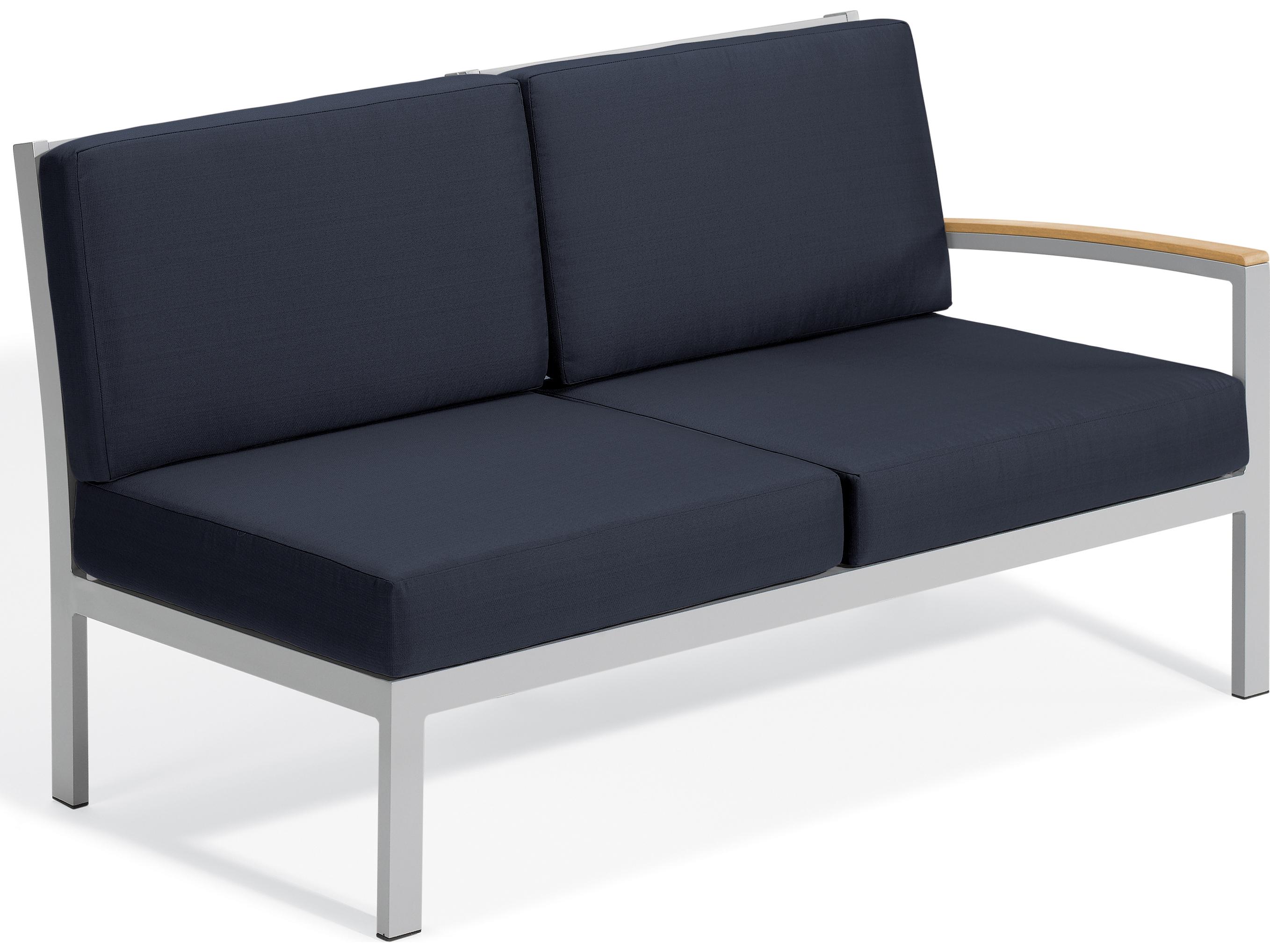 Oxford Garden Travira Aluminum Flint Left Arm Outdoor Patio Loveseat with Midnight Blue Cushions