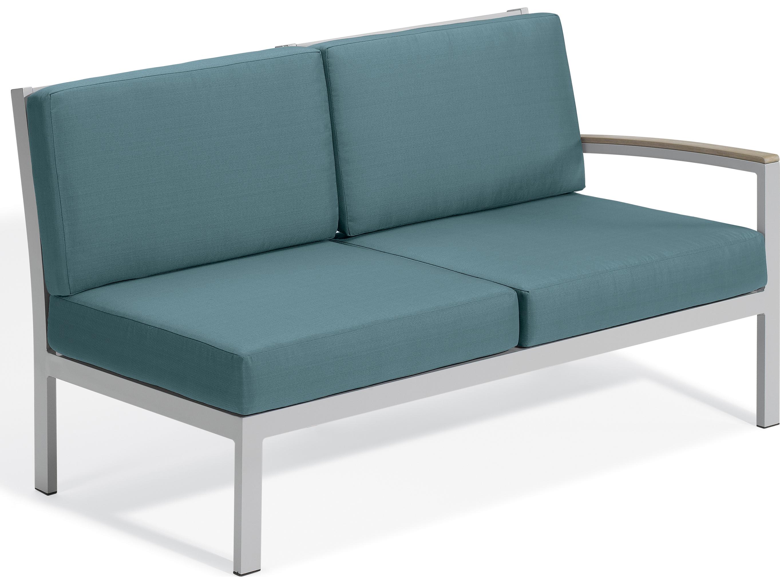 Oxford Garden Travira Aluminum Flint Left Arm Outdoor Loveseat with Ice Blue Cushions