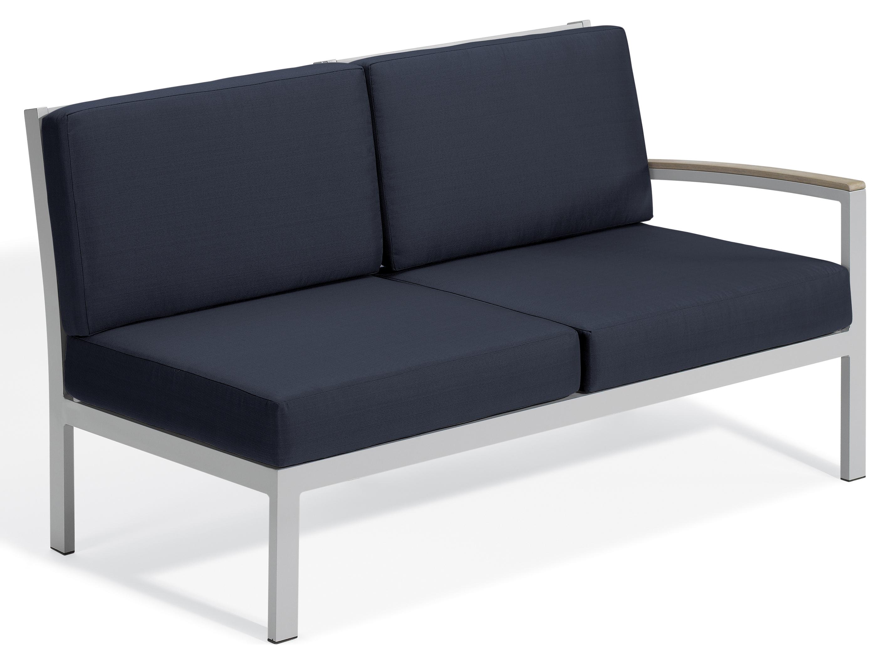 Oxford Garden Travira Aluminum Flint Left Arm Outdoor Patio Loveseat with Midnight Blue Cushions