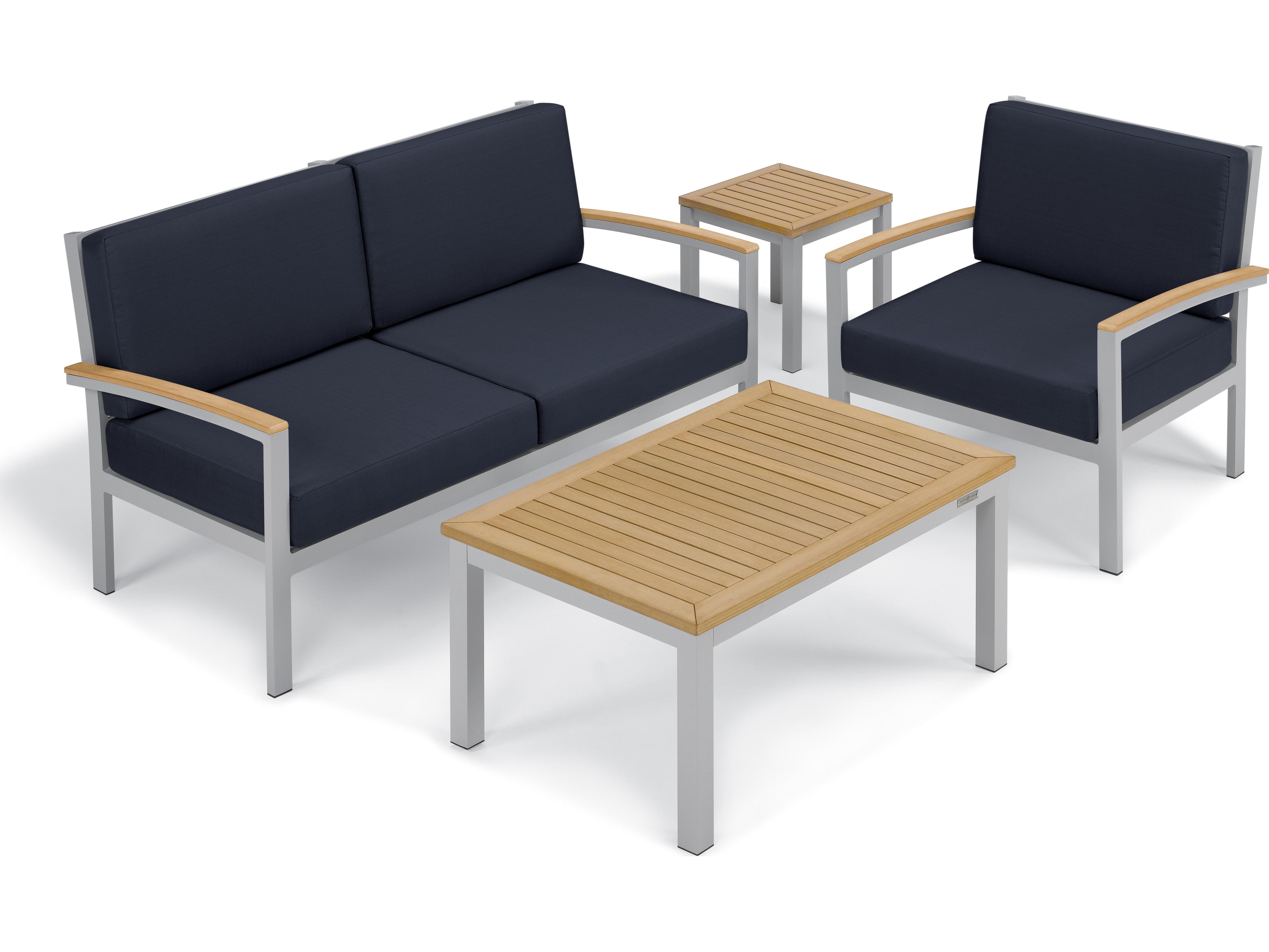 Oxford Garden Travira Aluminum Flint Outdoor Patio Loveseat with Midnight Blue Cushions