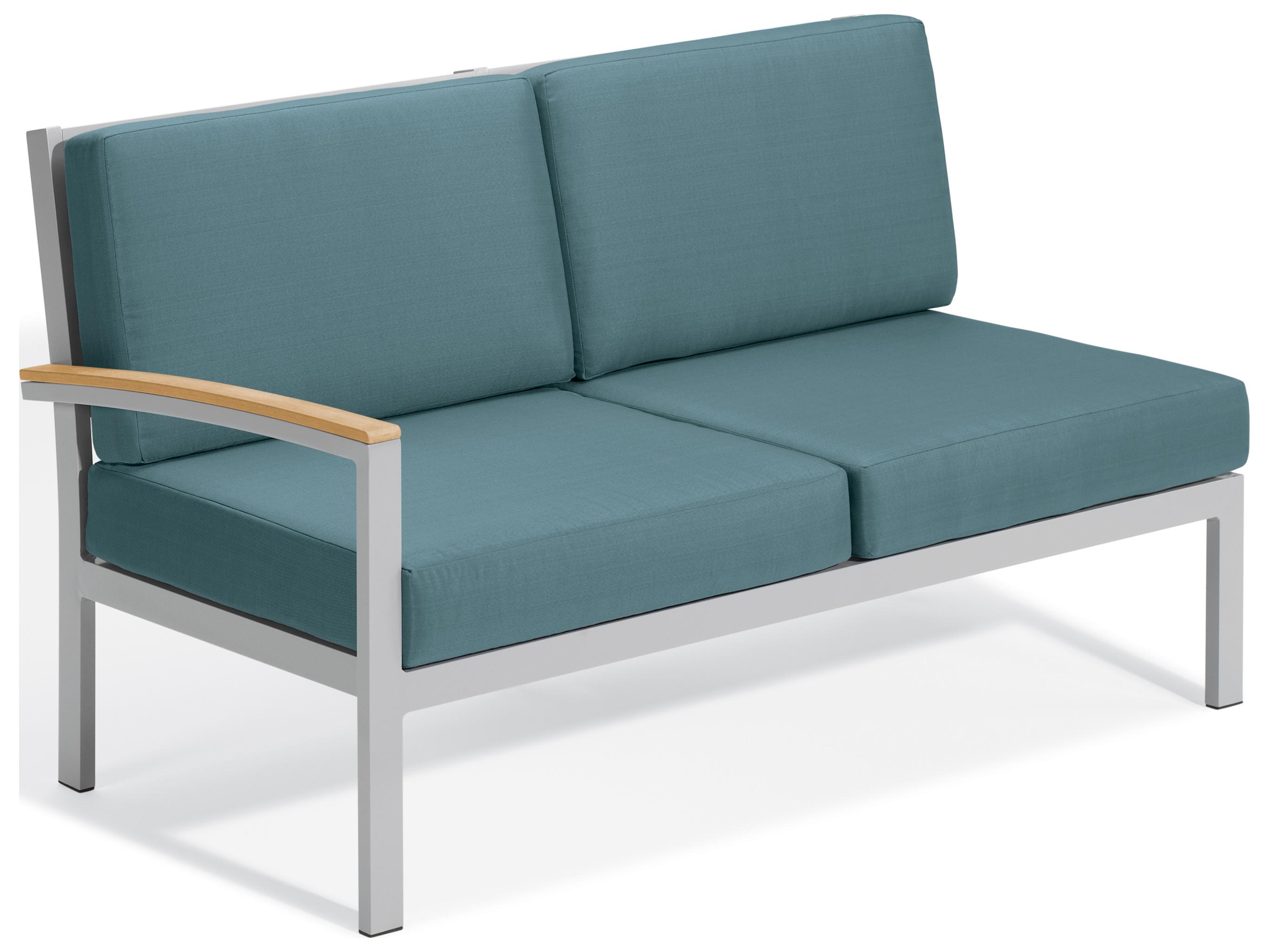 Oxford Garden Travira Aluminum Flint Right Arm Outdoor Loveseat with Ice Blue Cushions