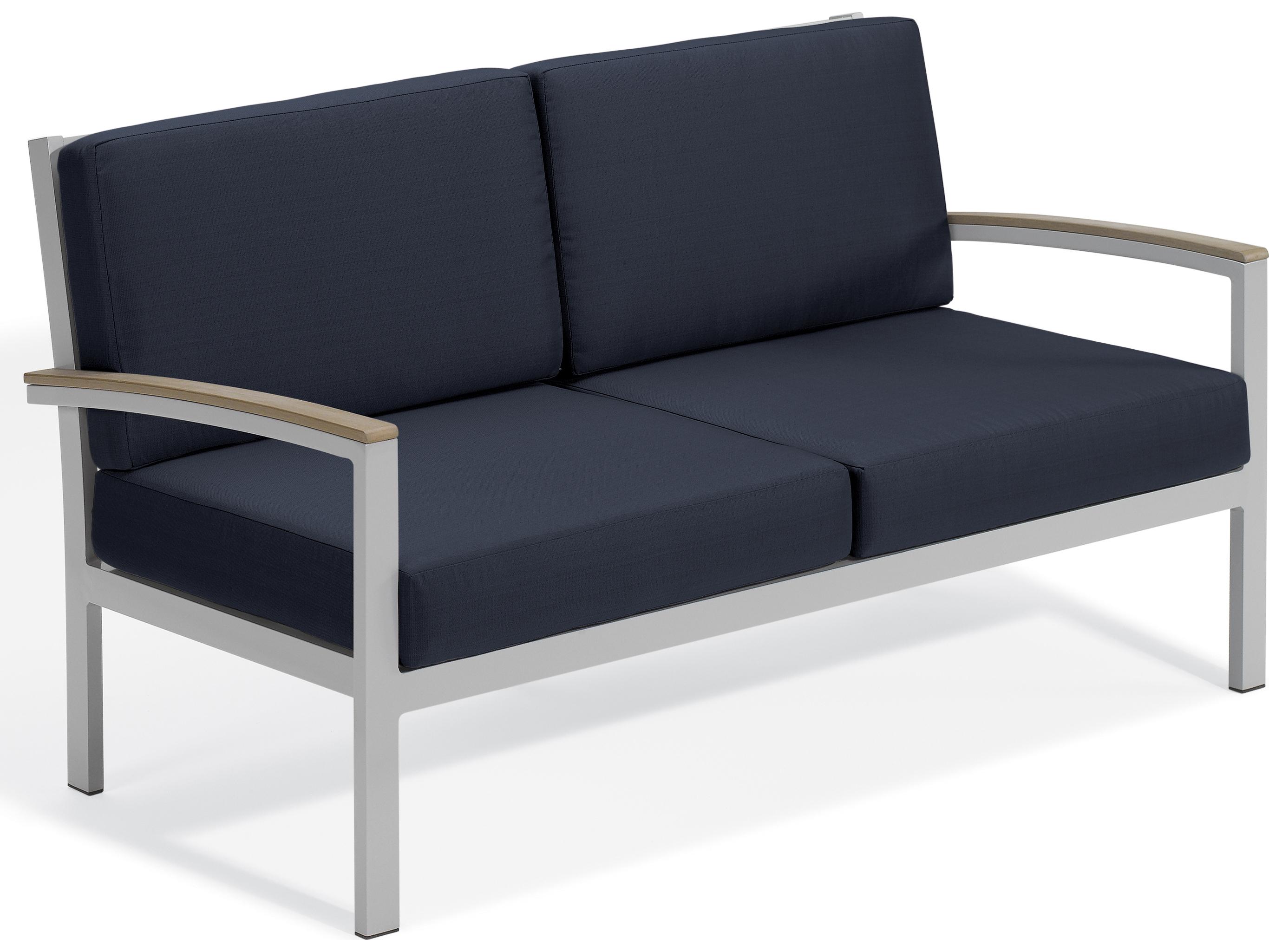 Oxford Garden Travira Aluminum Flint Outdoor Patio Loveseat with Midnight Blue Cushions