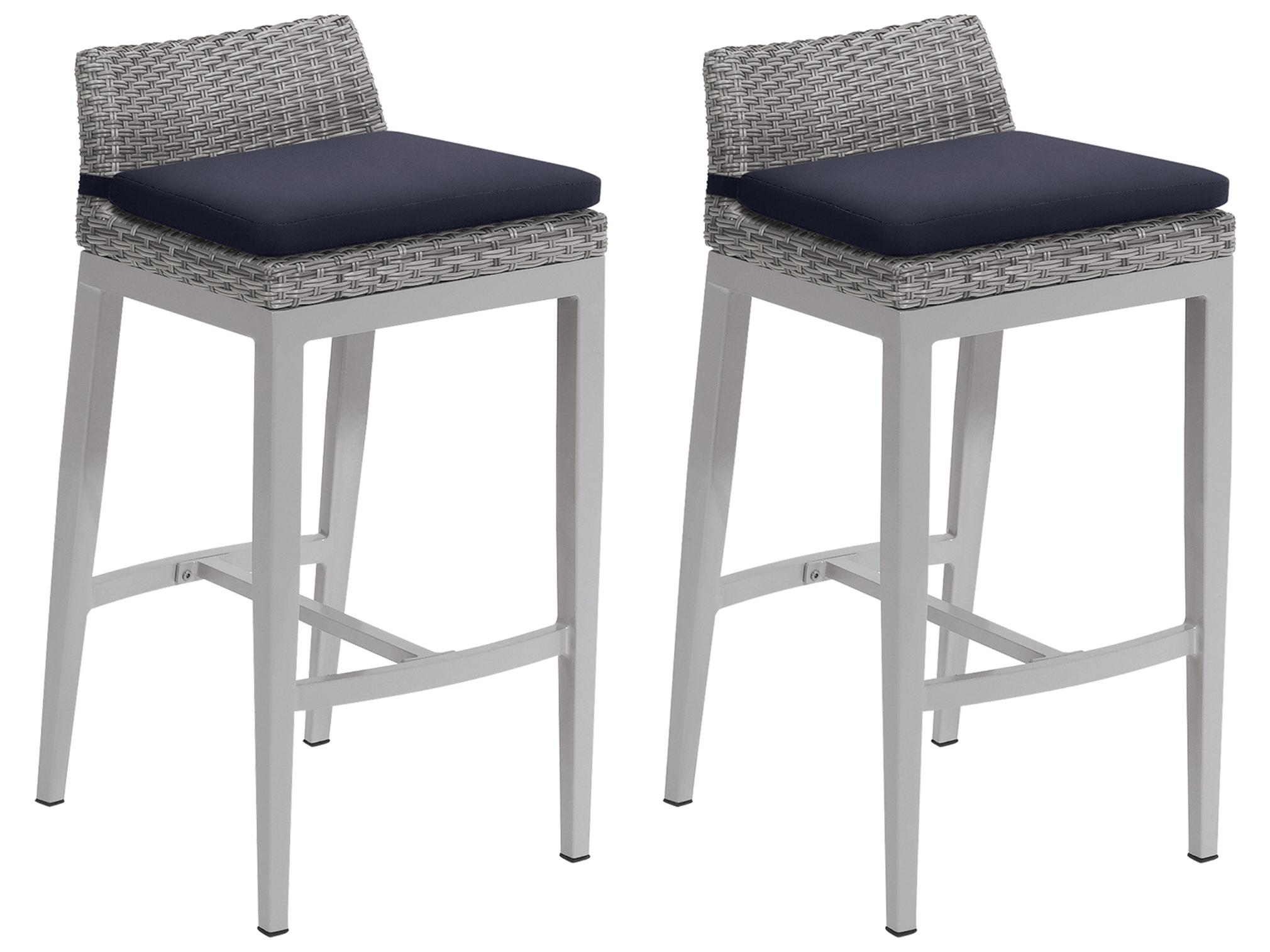 Oxford Garden Argento Wicker Outdoor Patio Bar Stool with Midnight Blue Cushions Set of 2