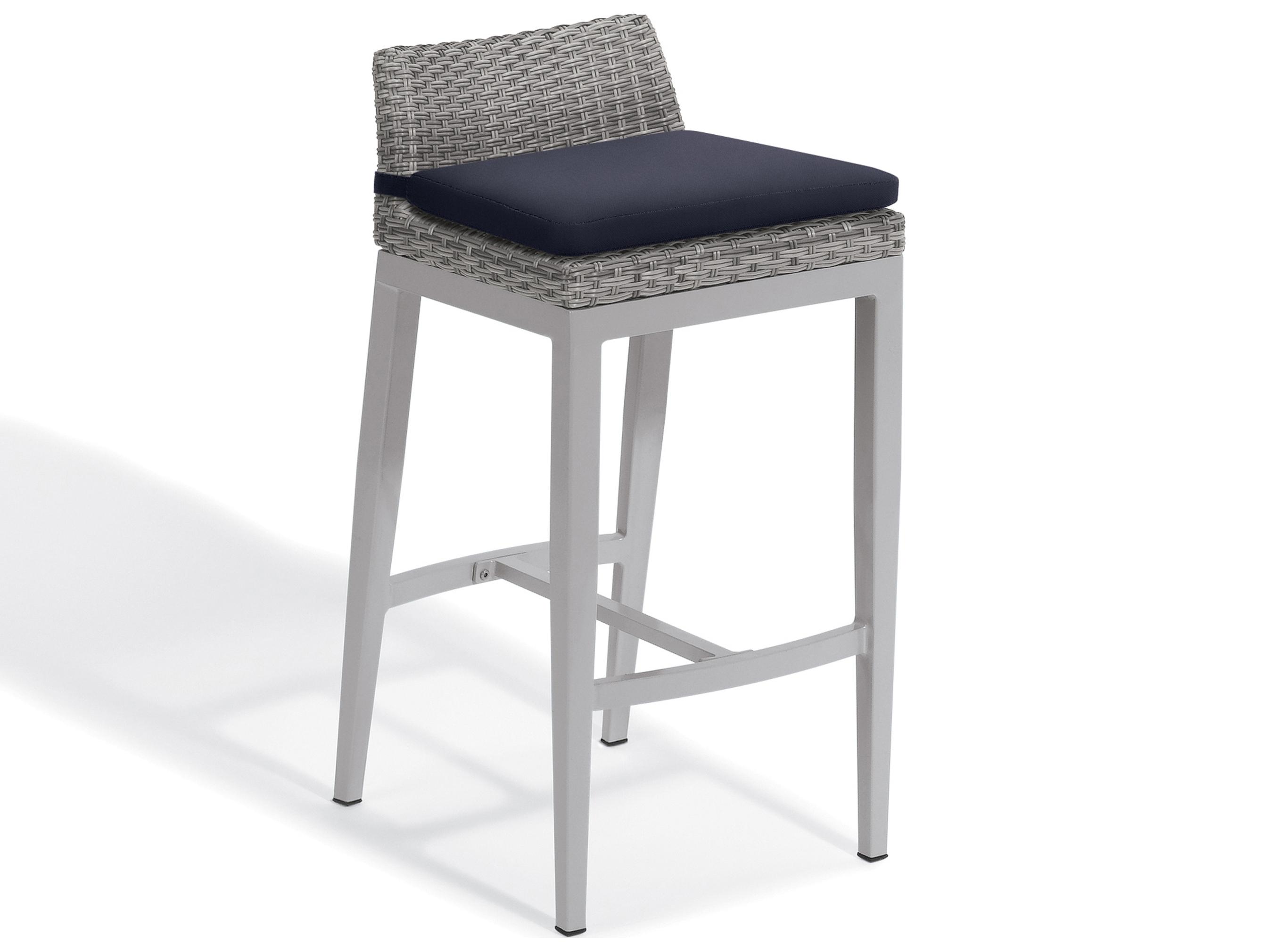 Oxford Garden Argento Wicker Outdoor Bar Stool with Midnight Blue Cushion