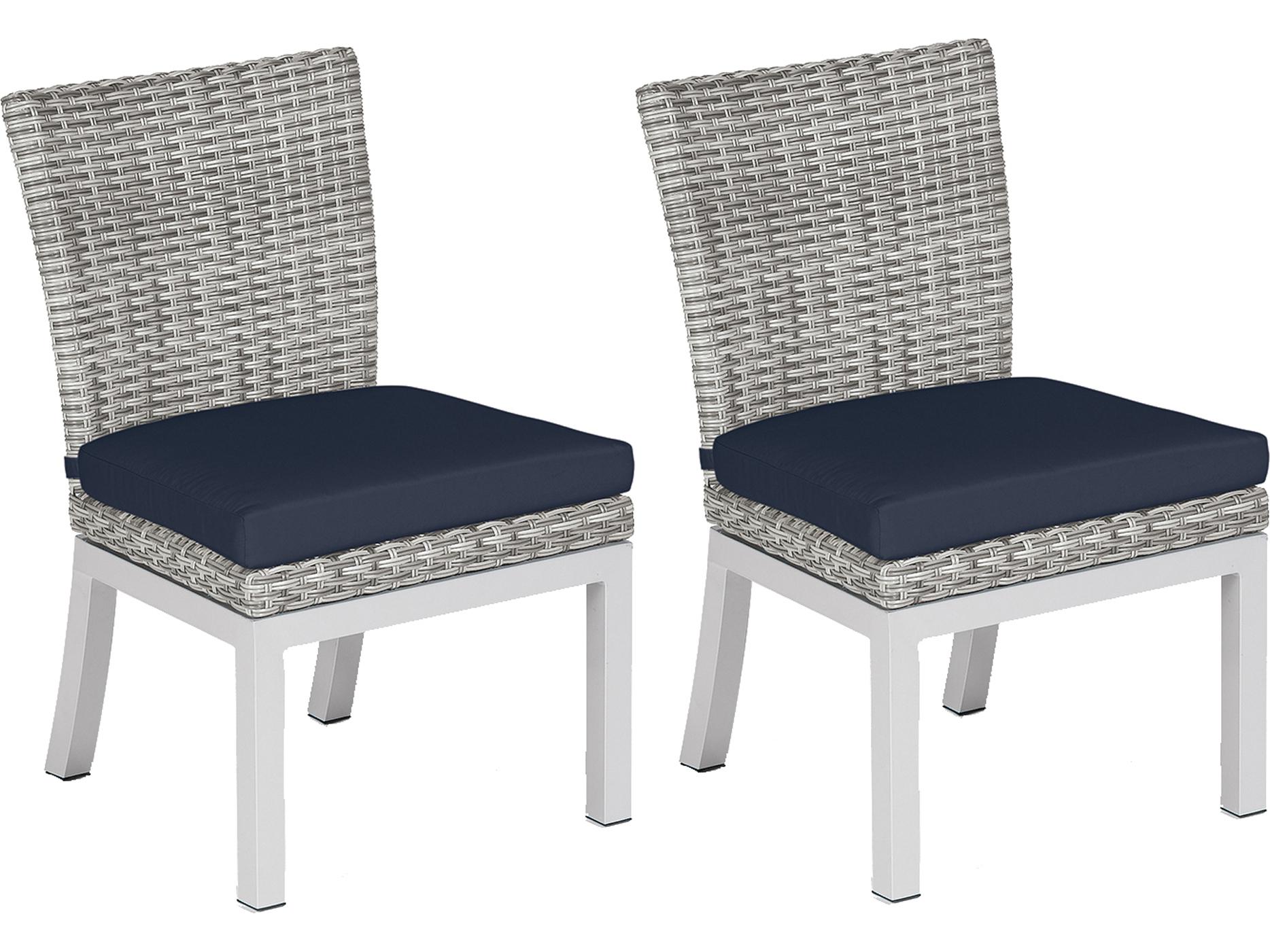 Oxford Garden Argento Wicker Outdoor Patio Dining Side Chair with Midnight Blue Cushions Set of 2